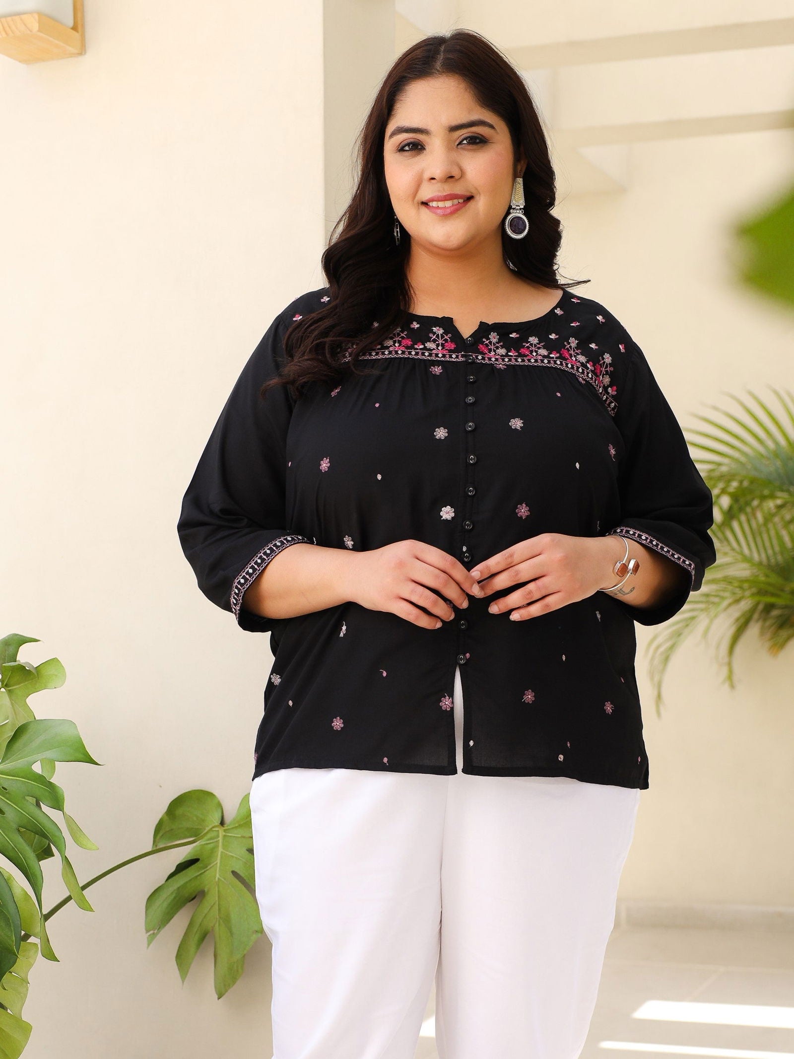 Juniper Black Gathered Rayon Plus Size Tunic With Thread Embroidery 