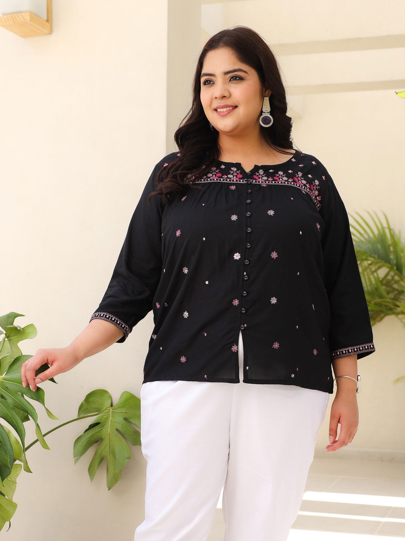 Juniper Black Gathered Rayon Plus Size Tunic With Thread Embroidery 