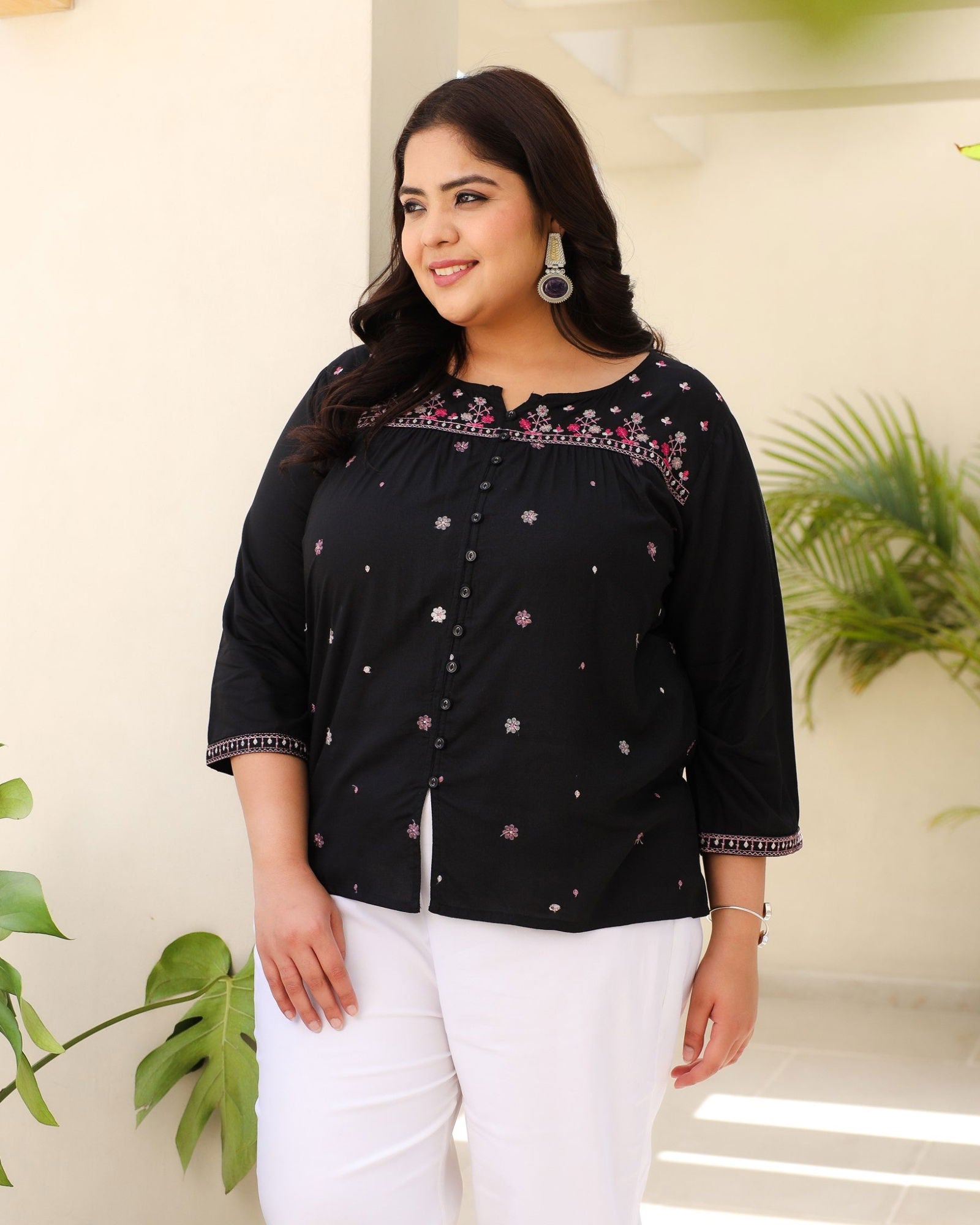 Juniper Black Gathered Rayon Plus Size Tunic With Thread Embroidery 