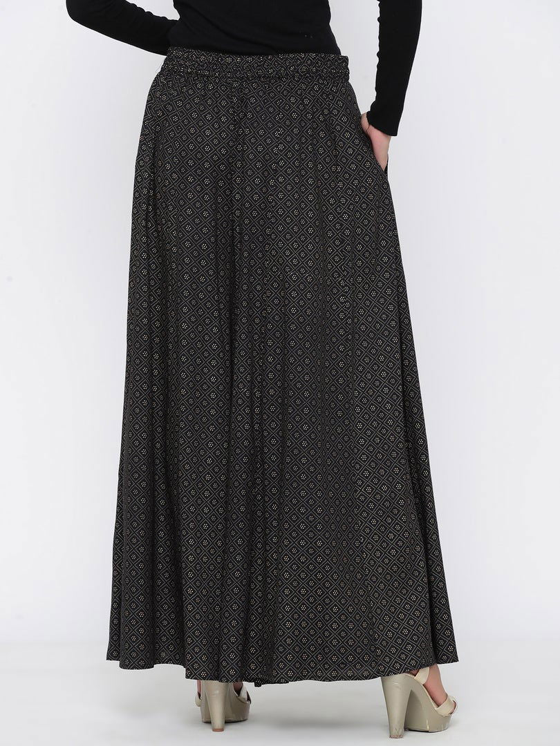 Juniper Black Geometric Printed Rayon Flared Women Palazzo With One Pocket 