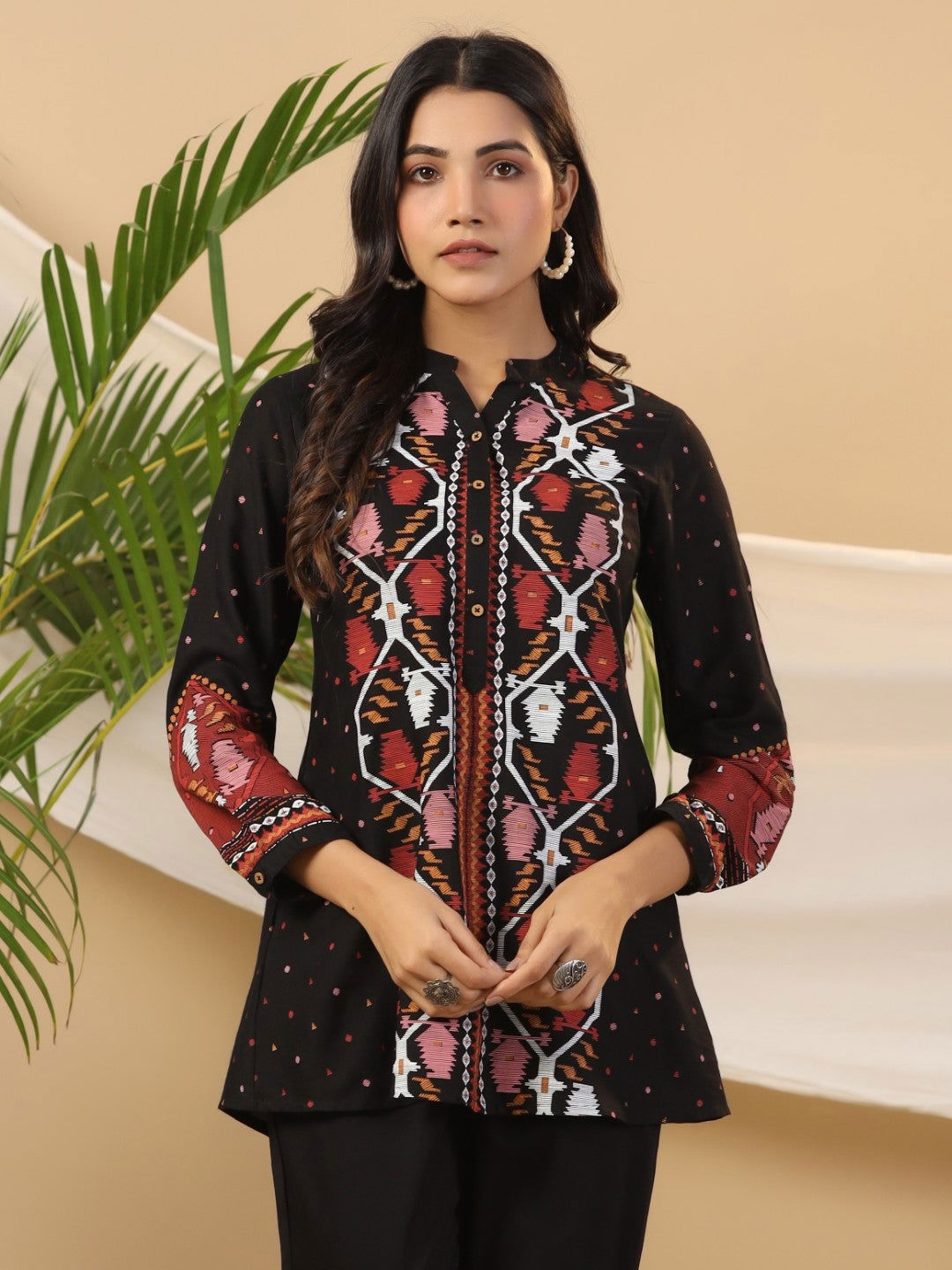 Juniper Black Geometric Printed Rayon Slub Tunic With Buttons 