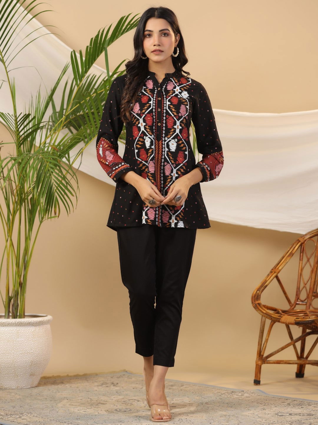 Juniper Black Geometric Printed Rayon Slub Tunic With Buttons 