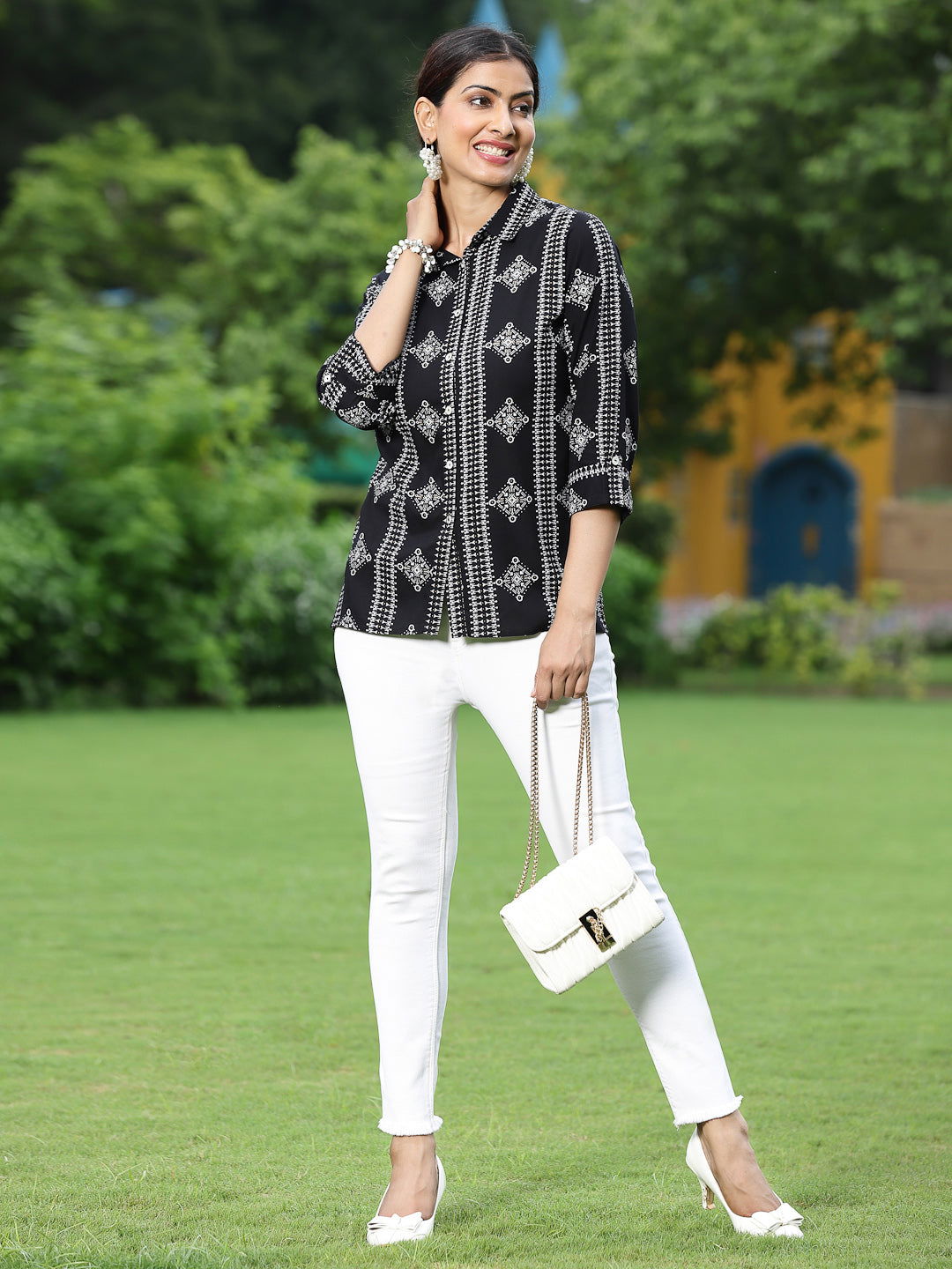 Juniper Black Geometric Printed Rayon Straight Shirt with Buttons 