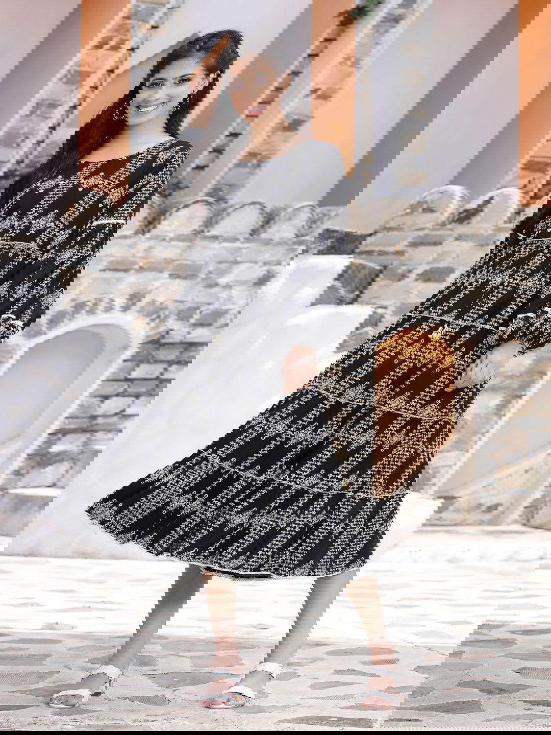 Juniper Black Geometric Printed Rayon Tiered Midi Dress 