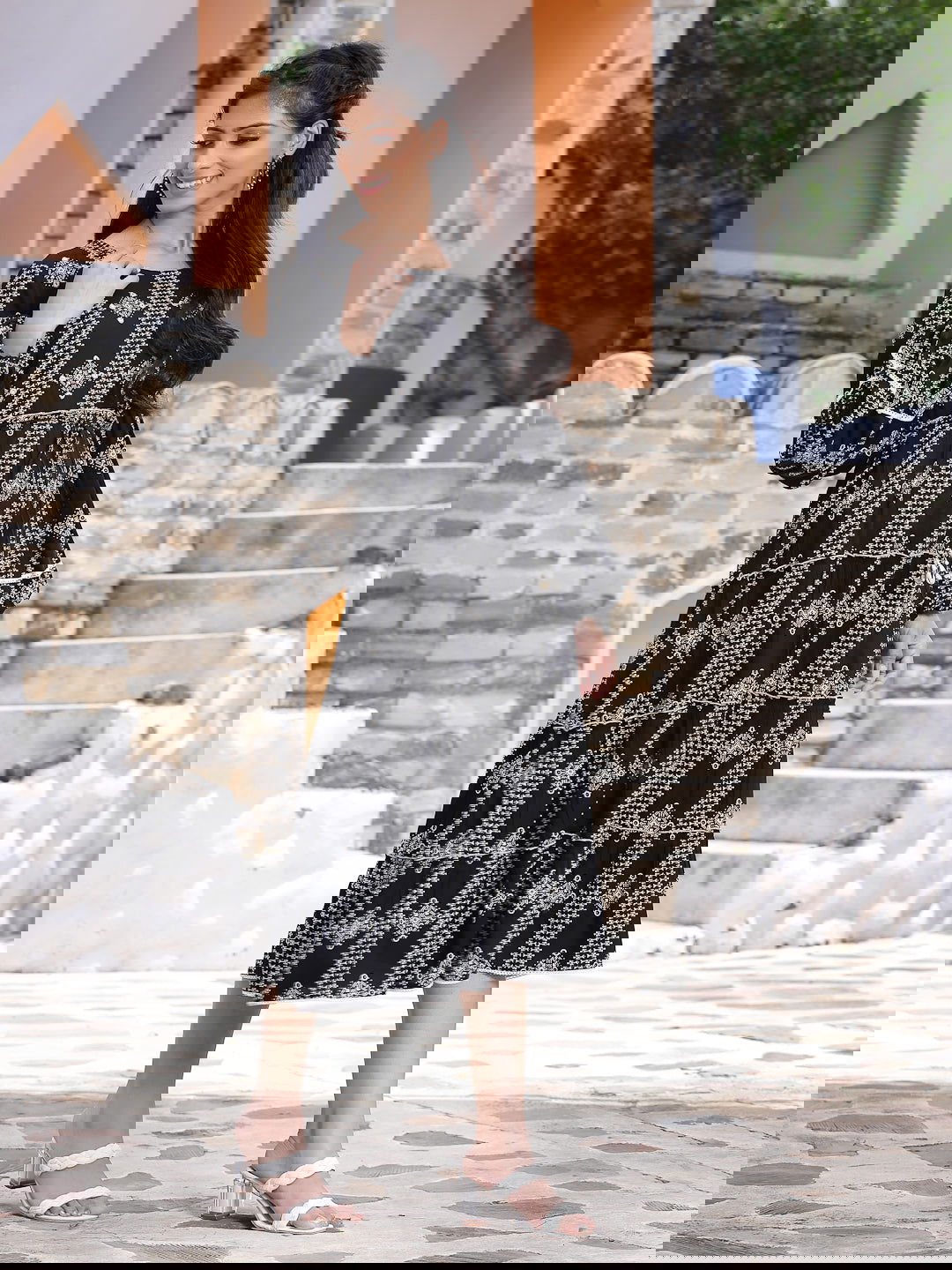 Juniper Black Geometric Printed Rayon Tiered Midi Dress 