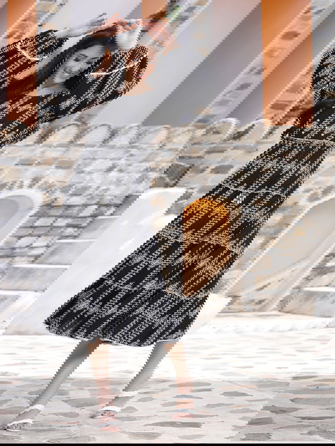 Juniper Black Geometric Printed Rayon Tiered Midi Dress 