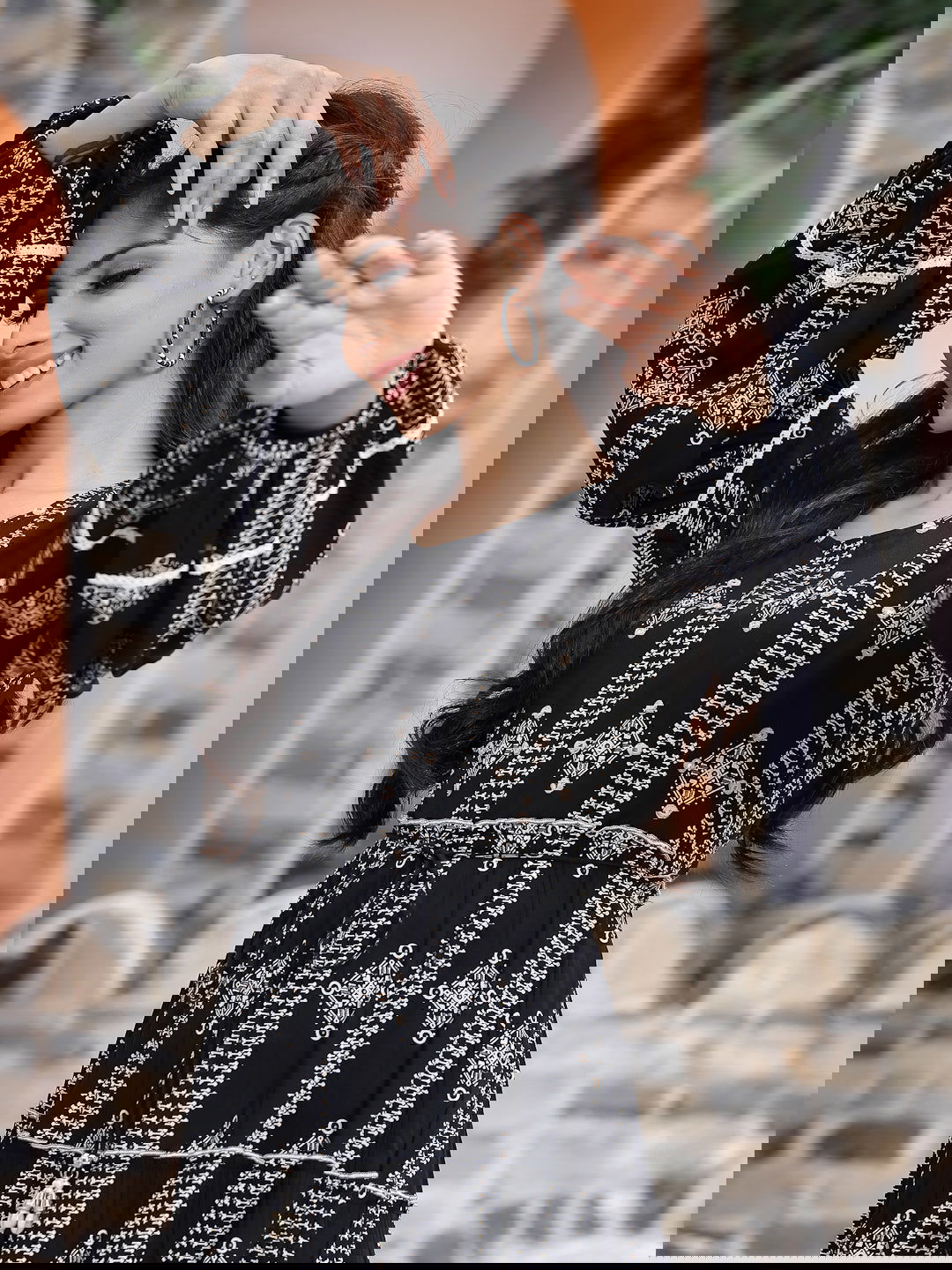 Juniper Black Geometric Printed Rayon Tiered Midi Dress 