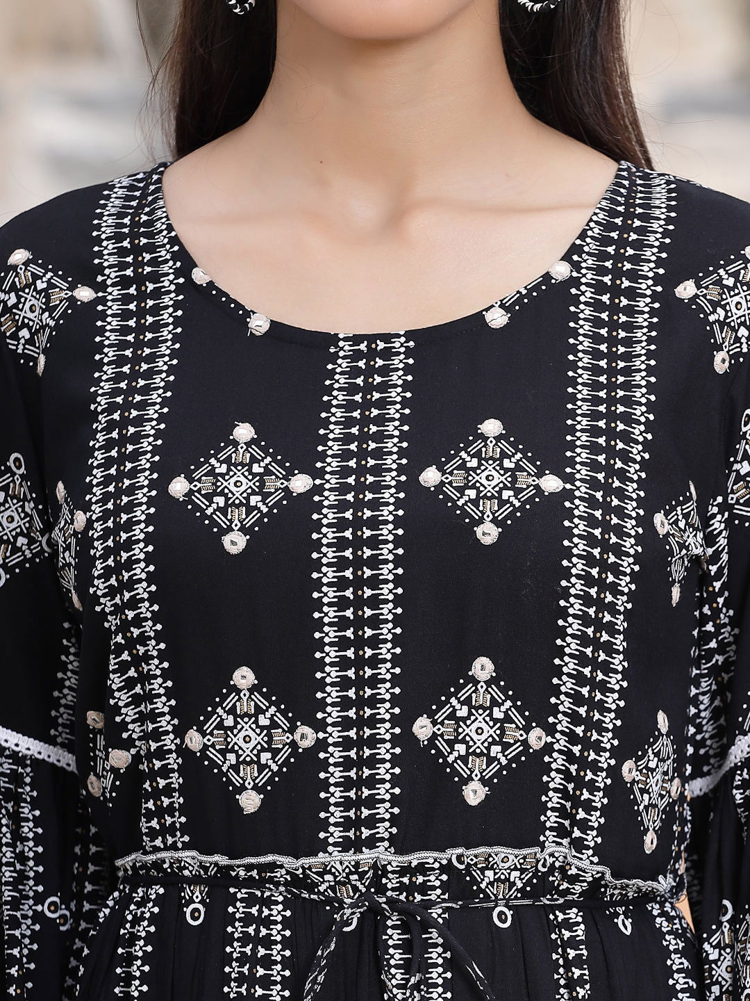 Juniper Black Geometric Printed Rayon Tiered Midi Dress 