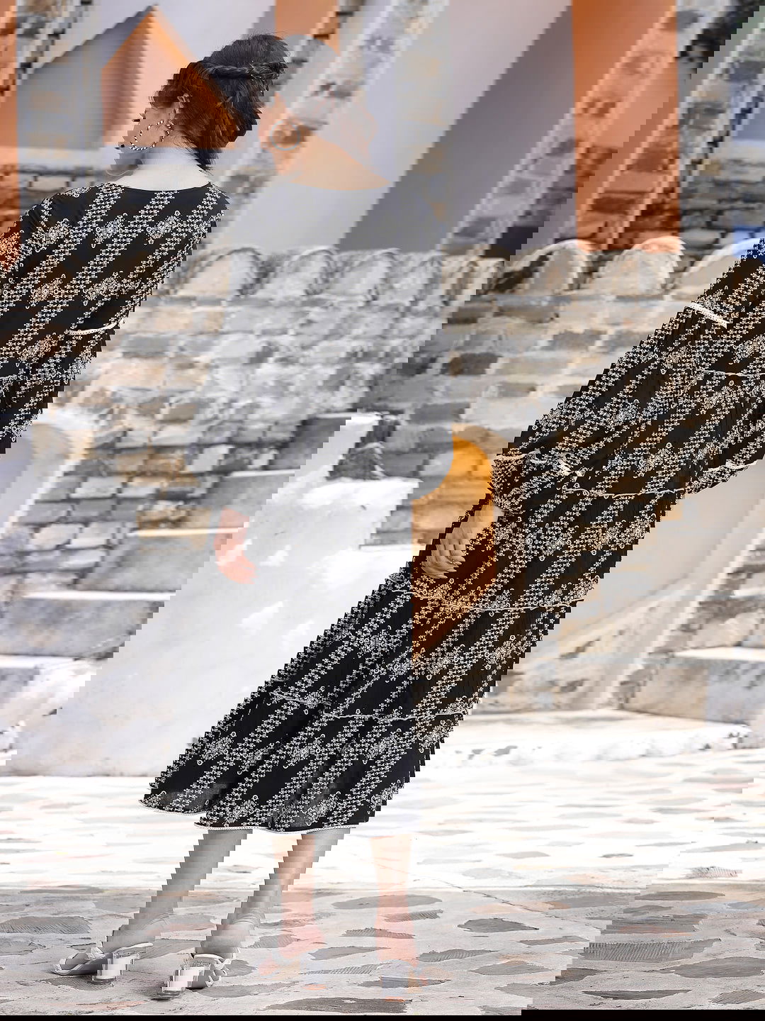 Juniper Black Geometric Printed Rayon Tiered Midi Dress 