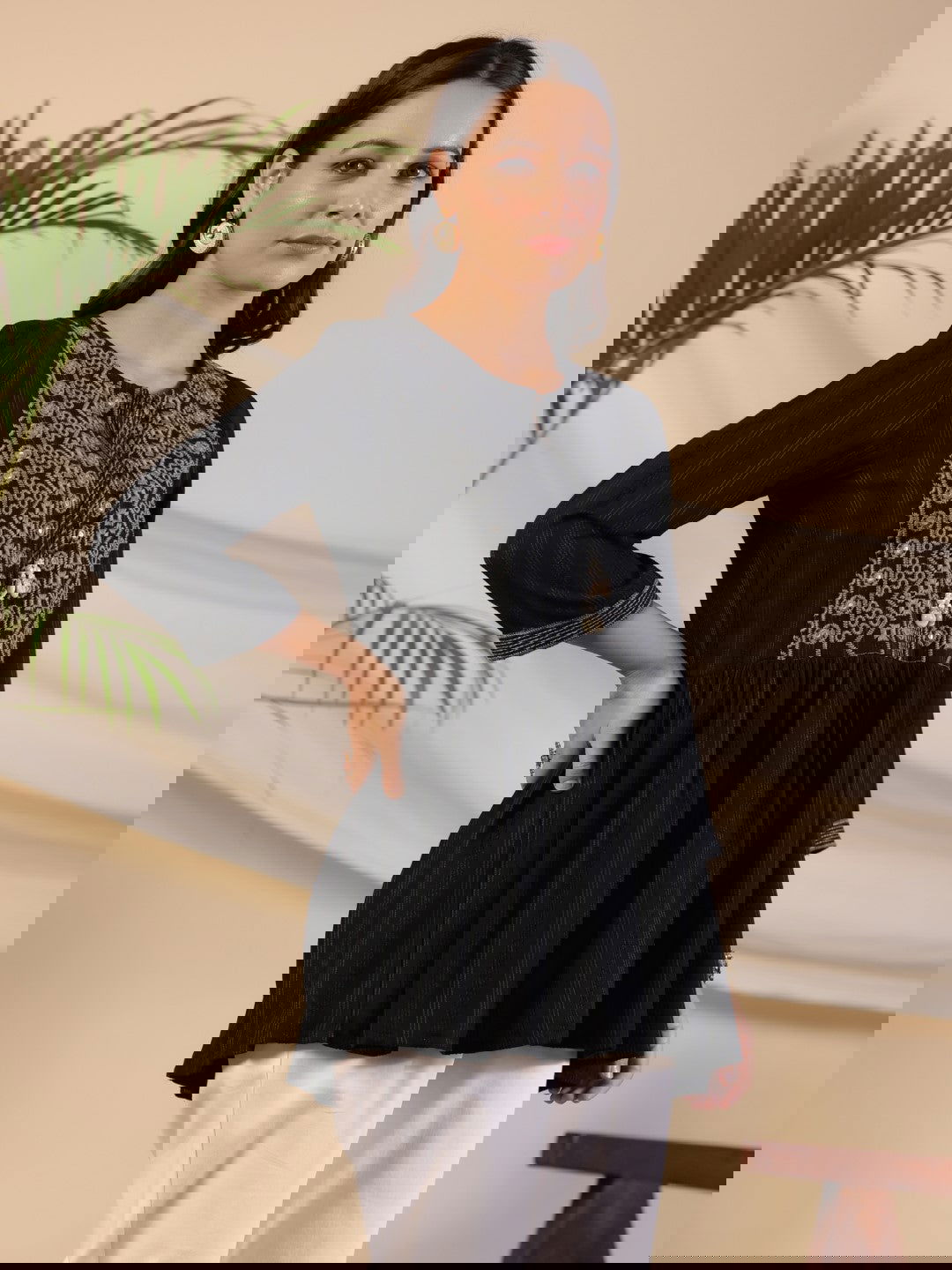 Juniper Black Geometric Printed Rayon Tunic With Thread Work 