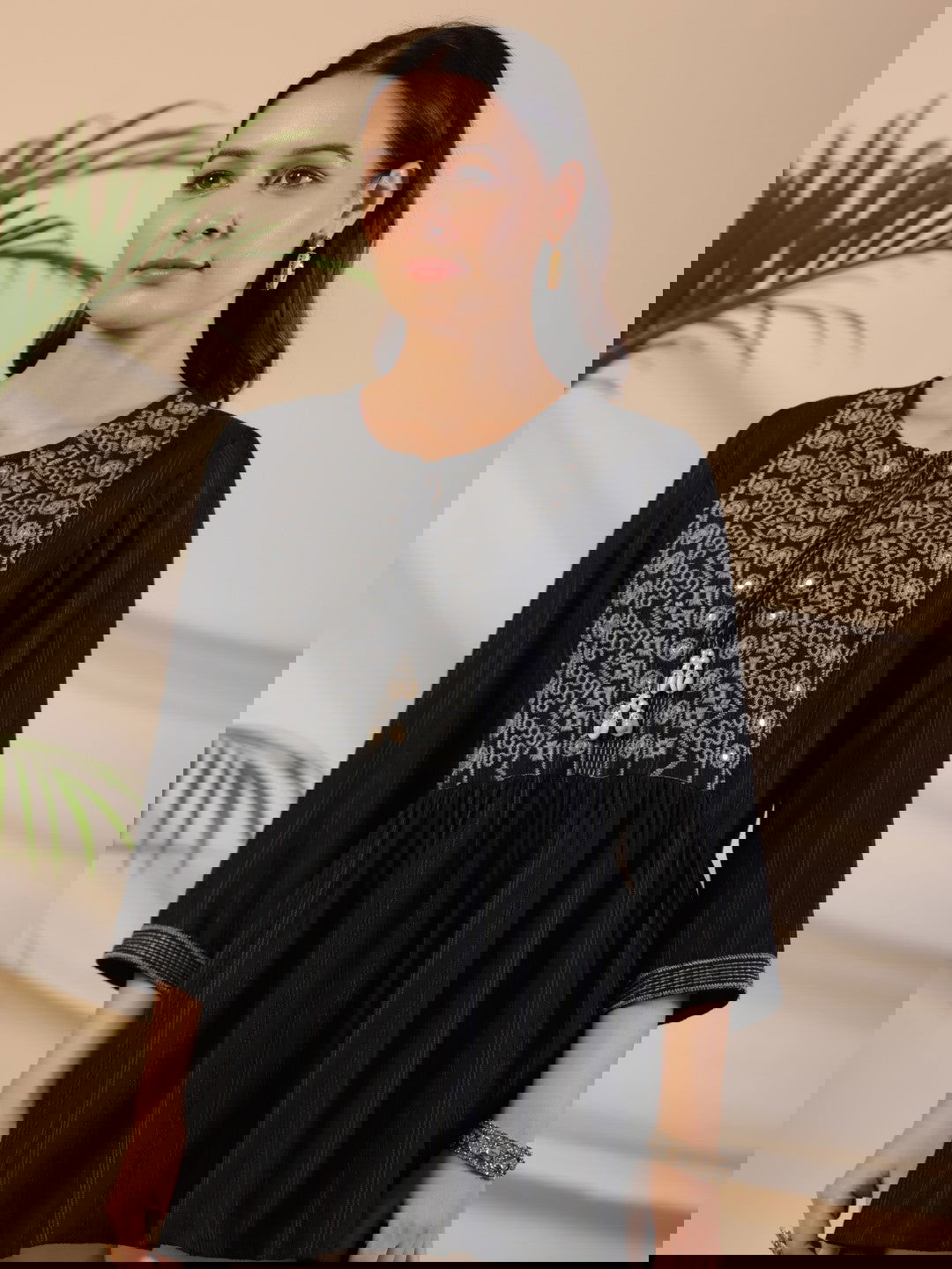 Juniper Black Geometric Printed Rayon Tunic With Thread Work 