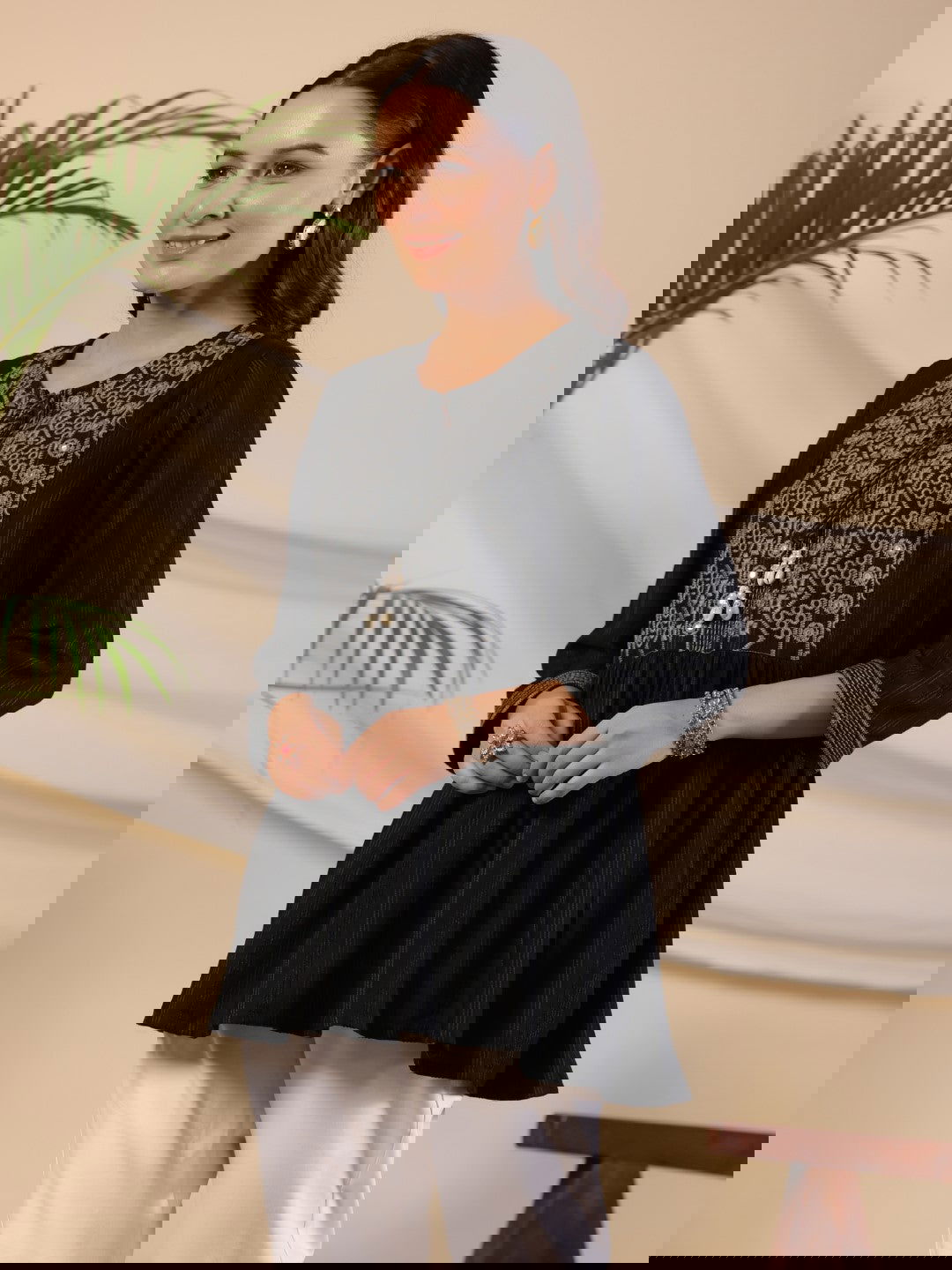 Juniper Black Geometric Printed Rayon Tunic With Thread Work 