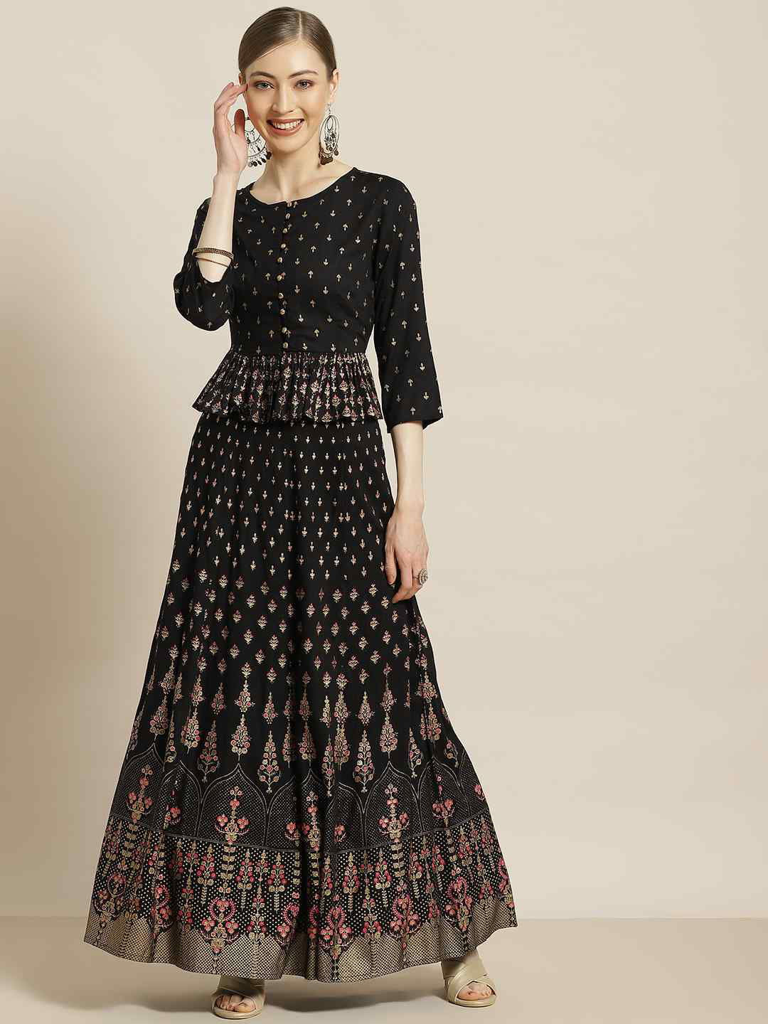 Juniper Black LIVA Rayon & Cambric Printed Peplum Lehenga Choli Sets 