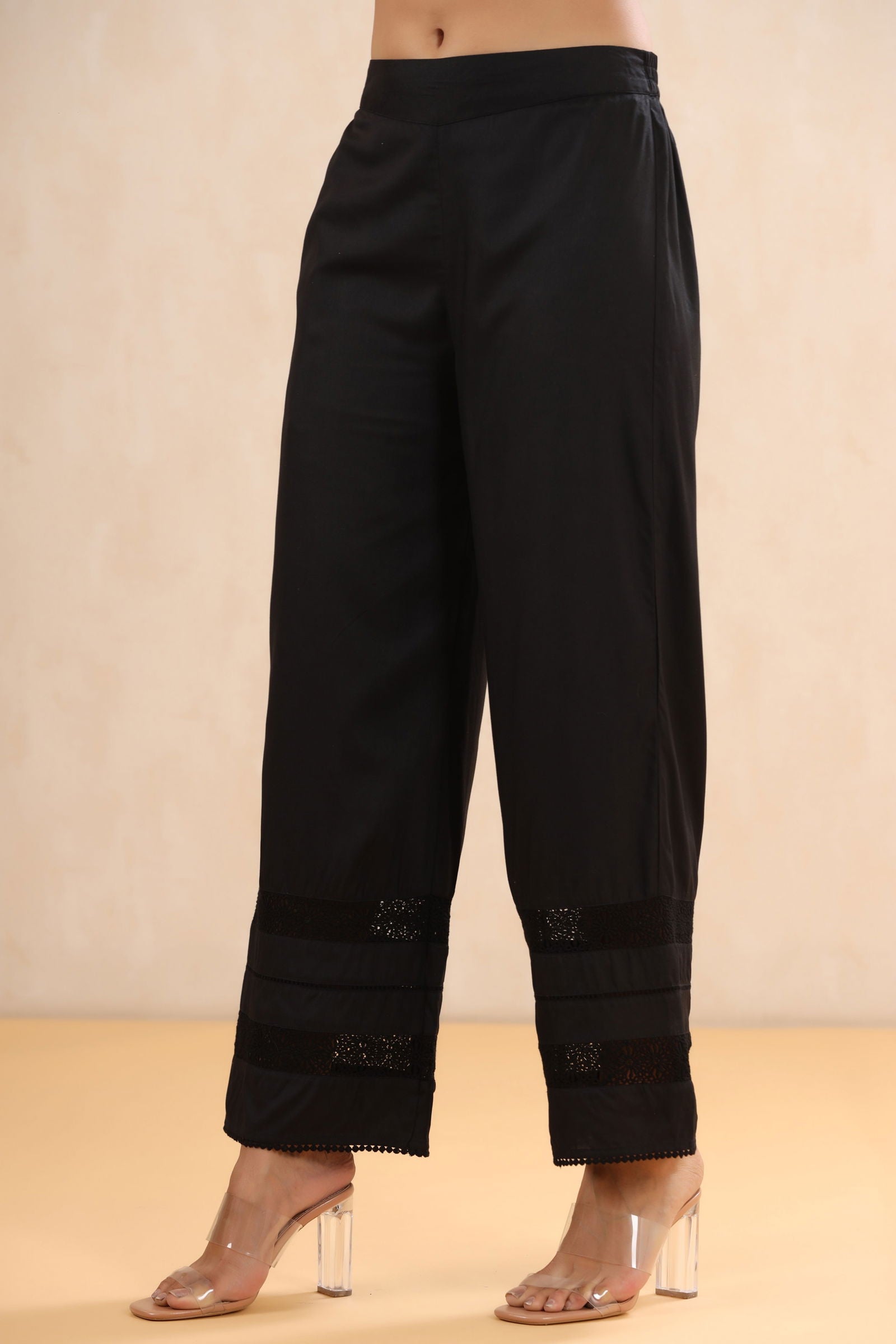 Juniper Black LIVA Rayon Solid Flared Palazzo with Lacework 