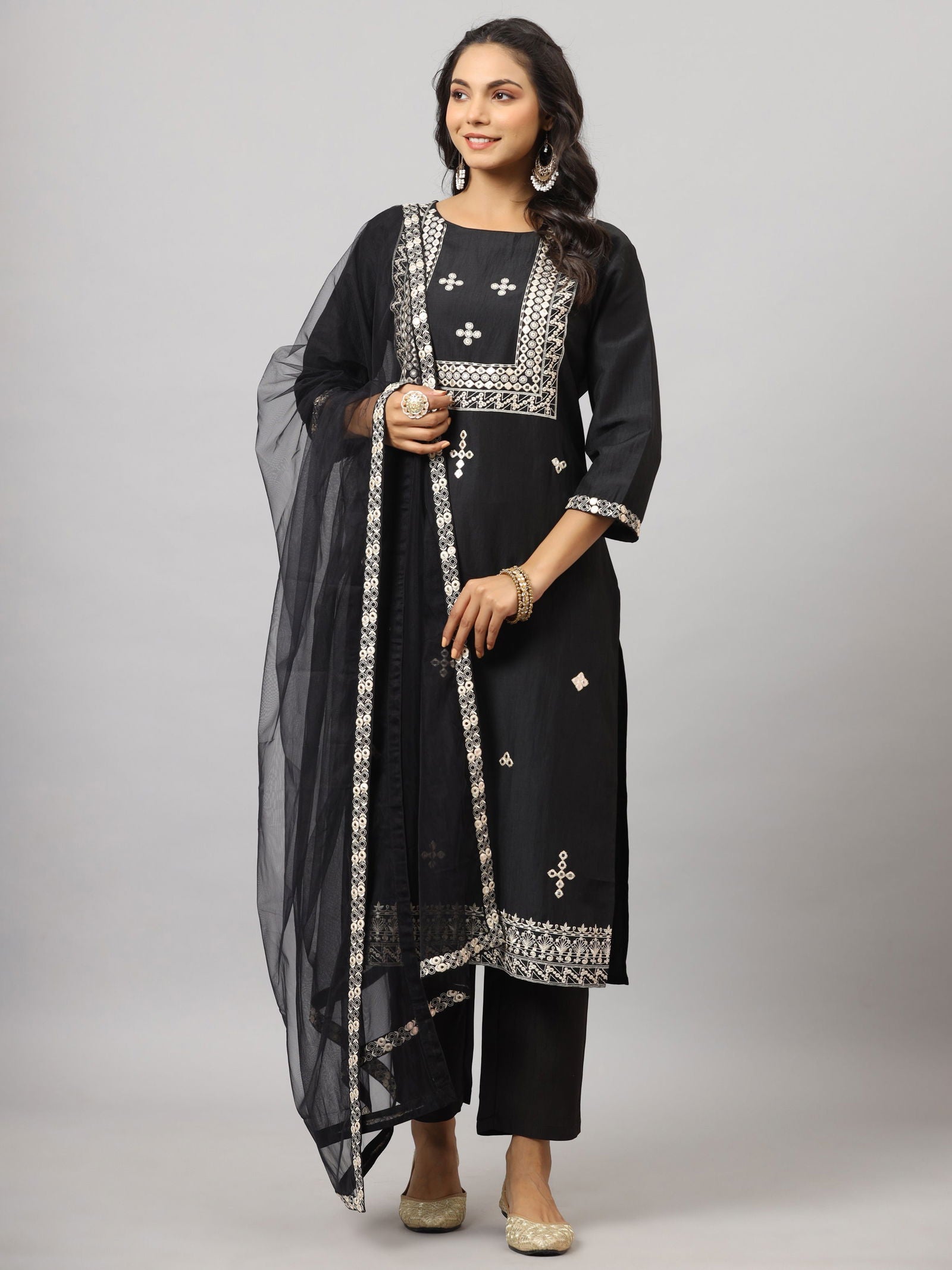 Juniper Black Mirror Embroidered Chinnon Kurta Pants & Net Dupatta Set 