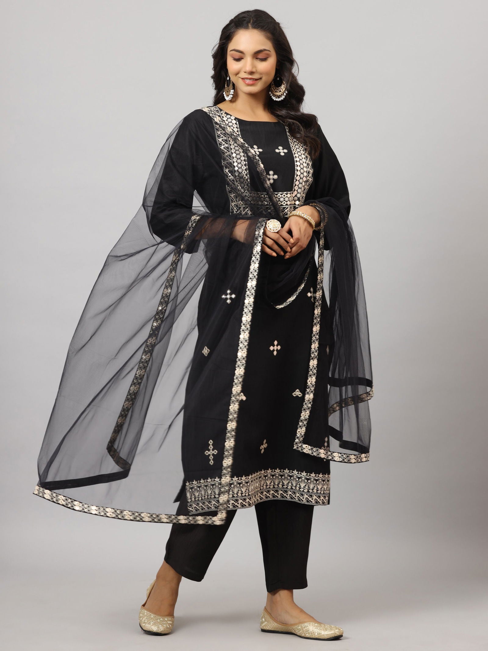 Juniper Black Mirror Embroidered Chinnon Kurta Pants & Net Dupatta Set 