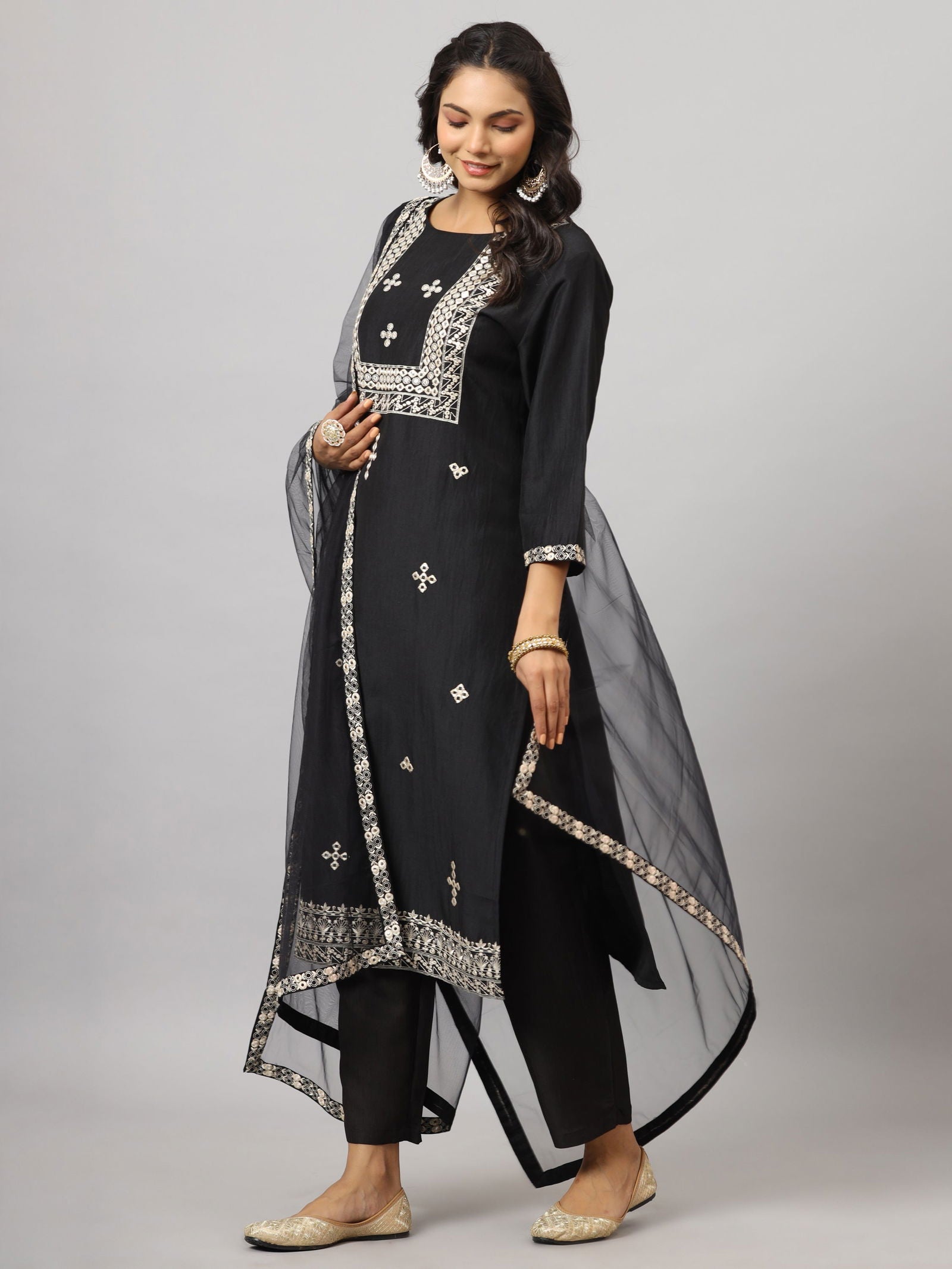 Juniper Black Mirror Embroidered Chinnon Kurta Pants & Net Dupatta Set 
