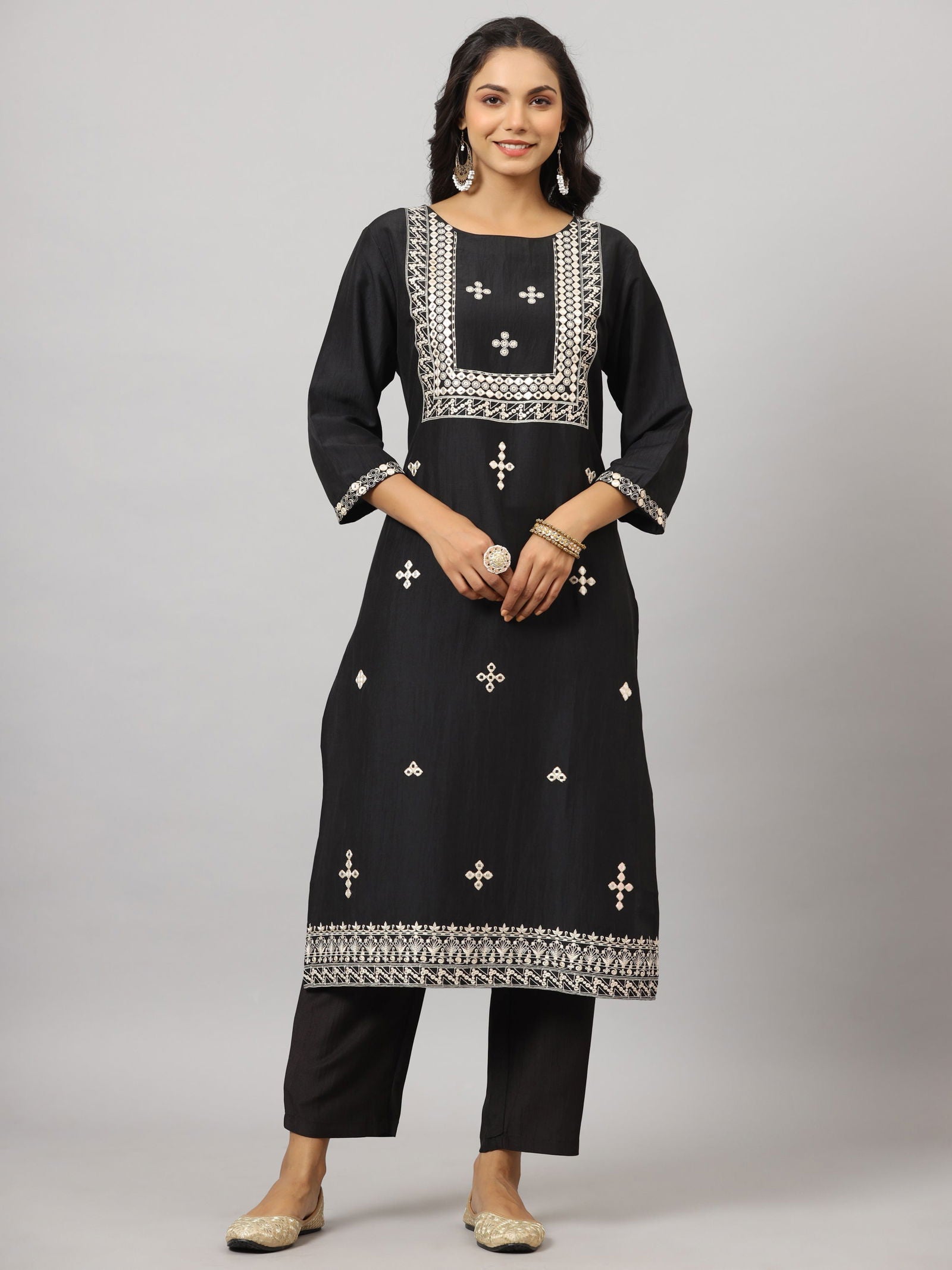Juniper Black Mirror Embroidered Chinnon Kurta Pants & Net Dupatta Set 