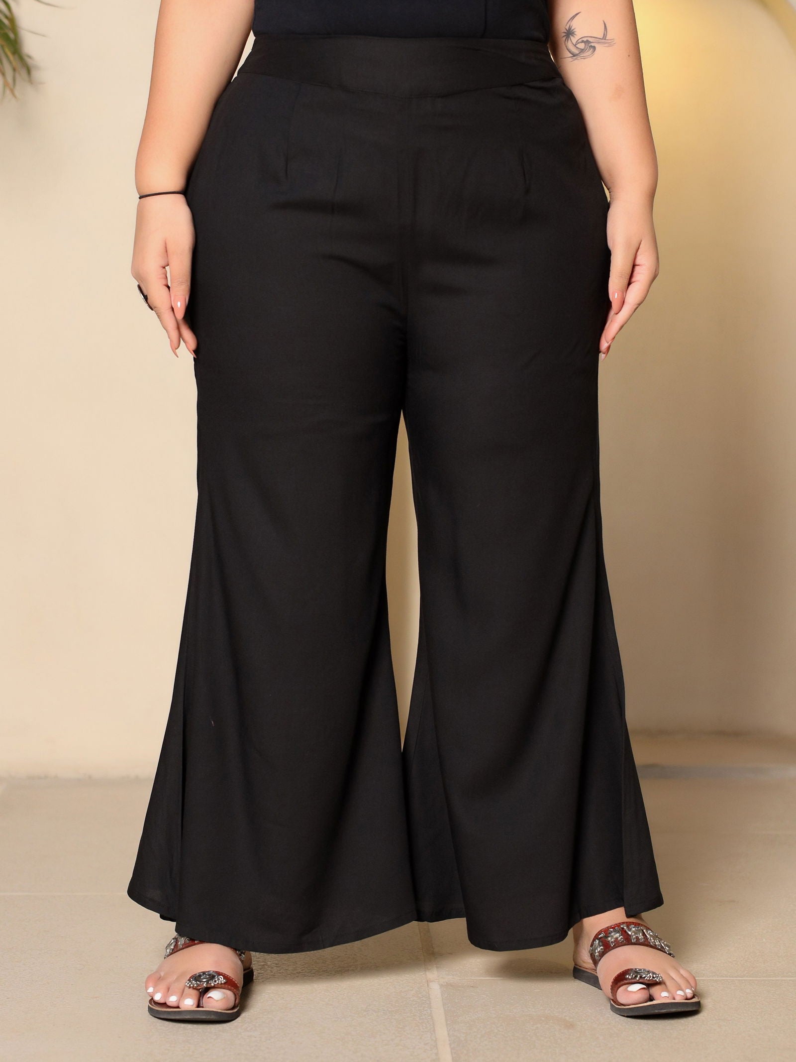 Juniper Black Modal Rayon Women Partially Elasticated Plus Size Bell Bottom Pants With Single Side Pocket 
