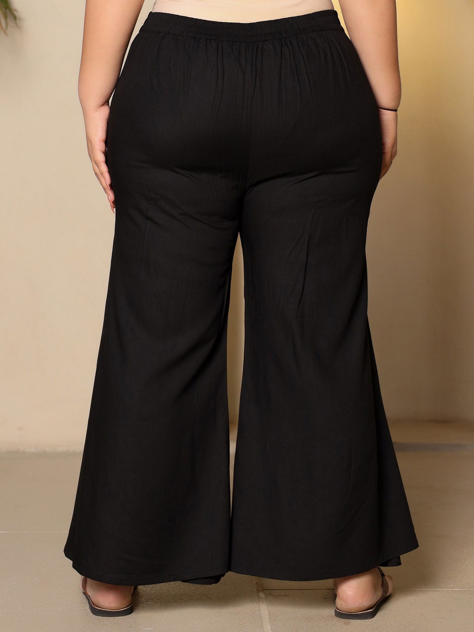 Juniper Black Modal Rayon Women Partially Elasticated Plus Size Bell Bottom Pants With Single Side Pocket 