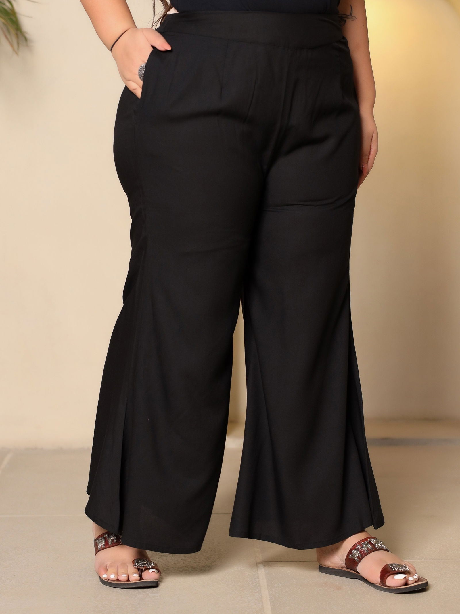 Juniper Black Modal Rayon Women Partially Elasticated Plus Size Bell Bottom Pants With Single Side Pocket 