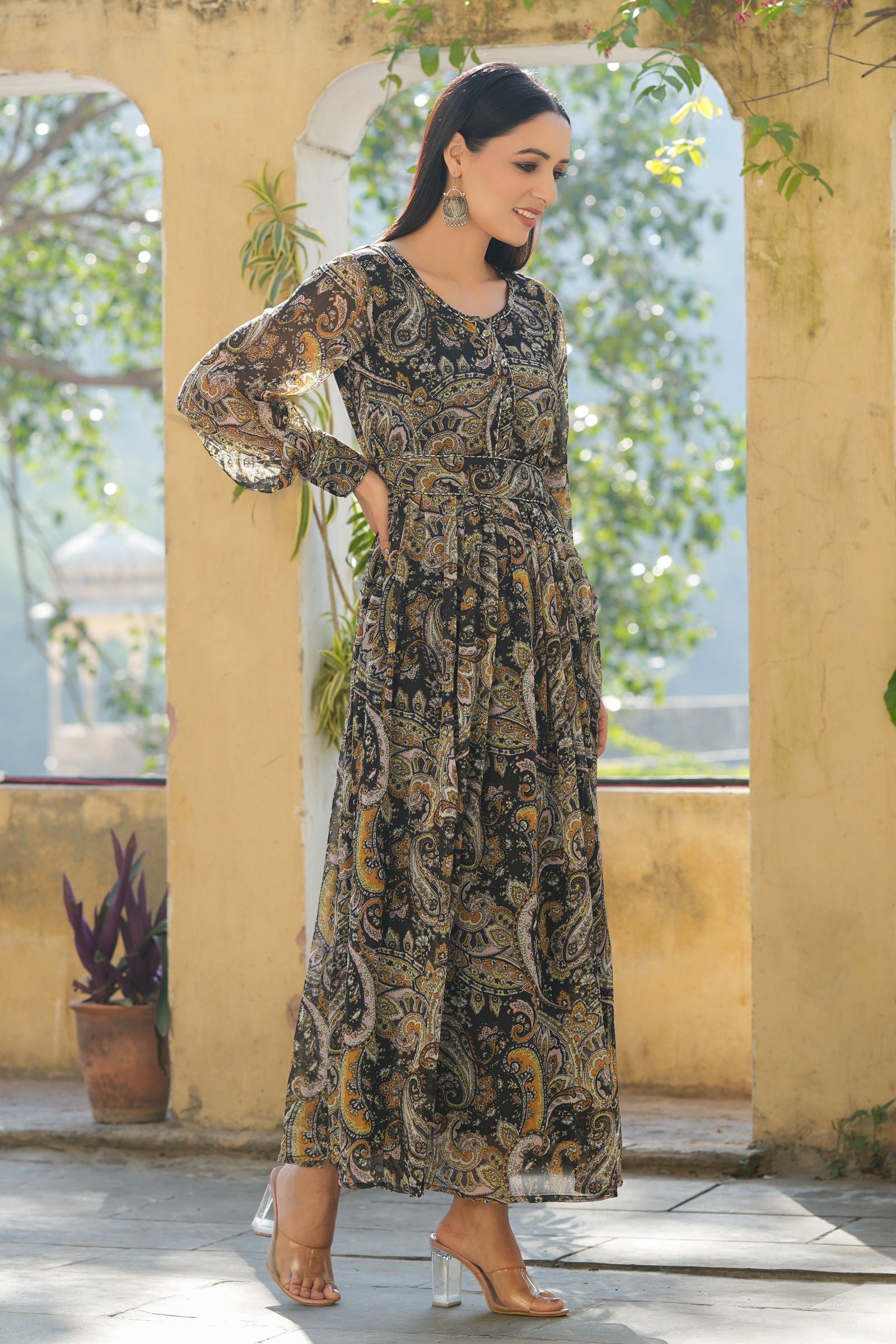 Juniper Black Paisley Printed Chiffon Flared Maxi Dress With Buttons 