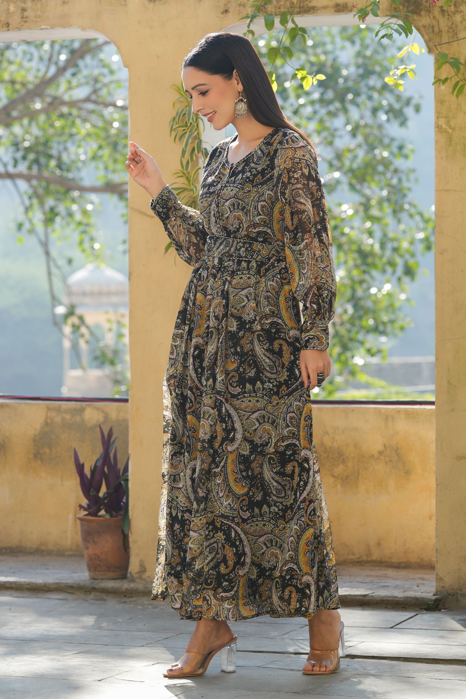 Juniper Black Paisley Printed Chiffon Flared Maxi Dress With Buttons 
