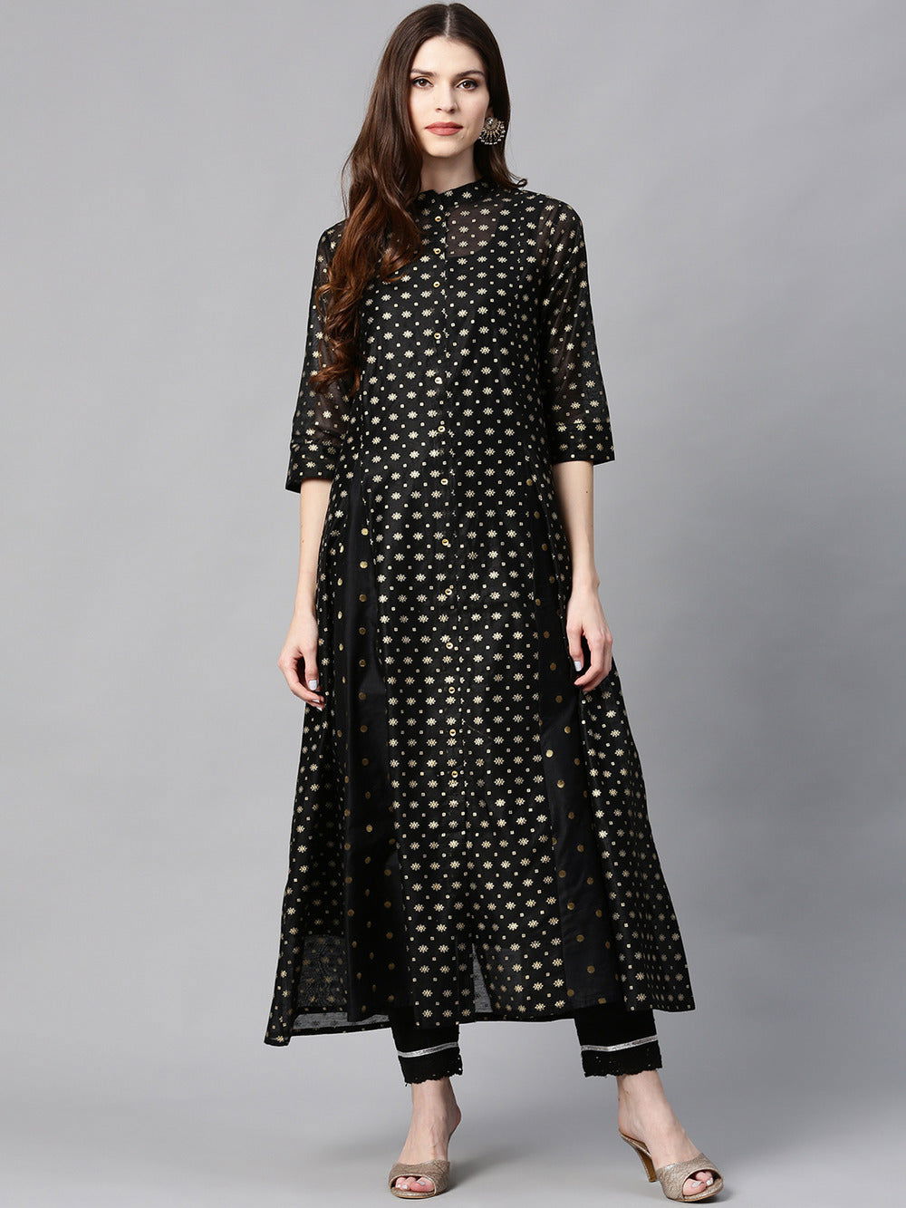 Juniper Black Polka Dot Printed Chanderi Kalidar Women Kurta 