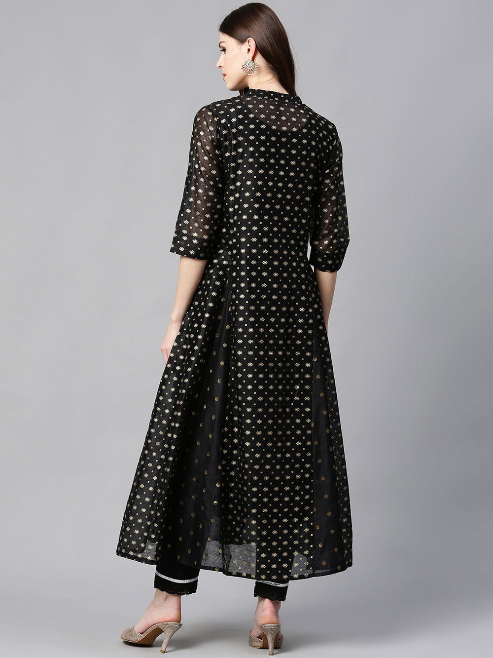 Juniper Black Polka Dot Printed Chanderi Kalidar Women Kurta 