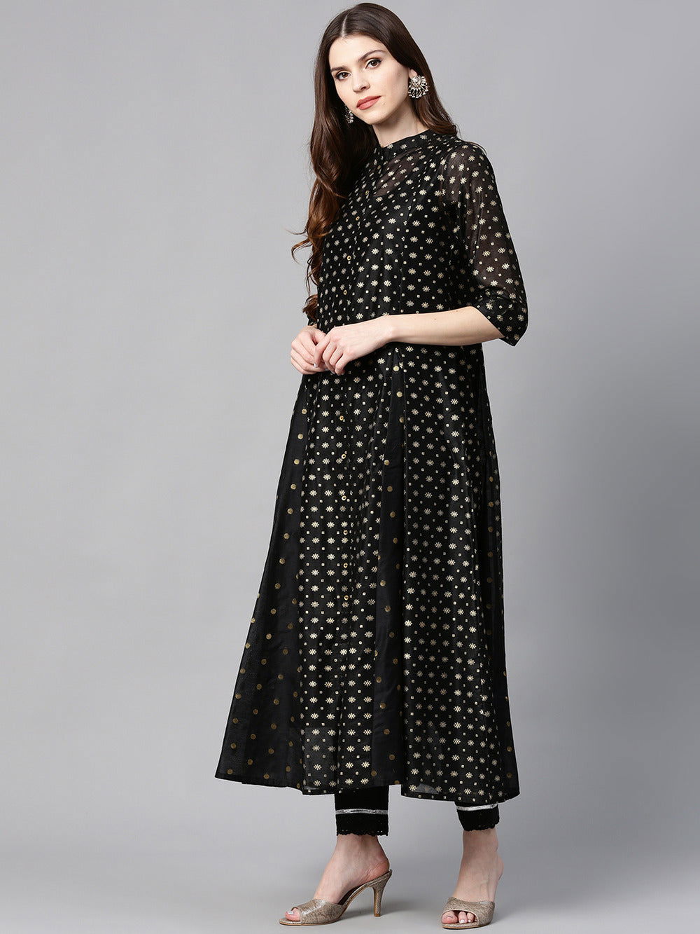 Juniper Black Polka Dot Printed Chanderi Kalidar Women Kurta 