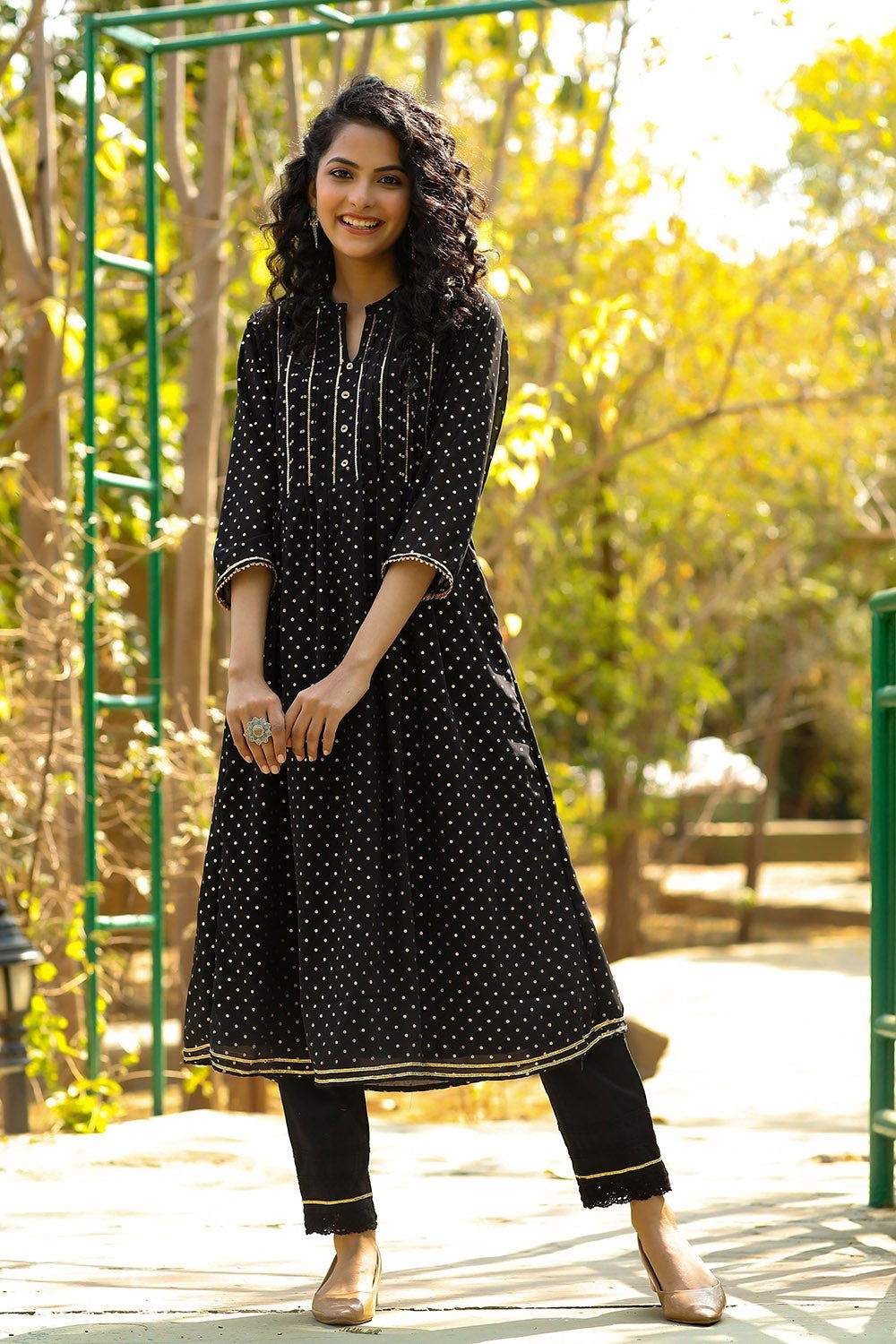 Juniper Black Polka Printed Georgette A-Line Kurta. 