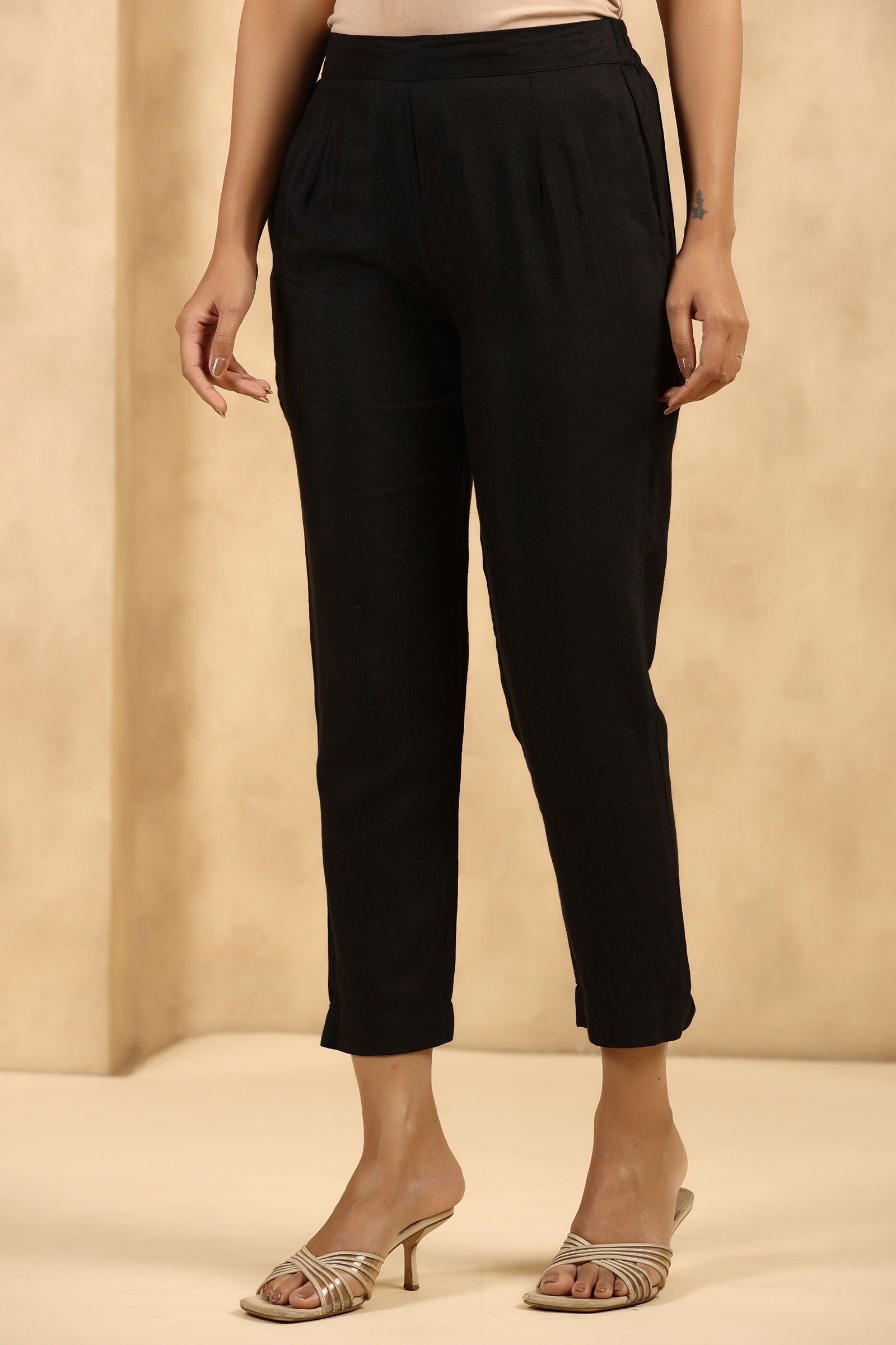 Juniper  Black Rayon Flex Solid Slim Fit Pants With Partially Elasticated Waistband 