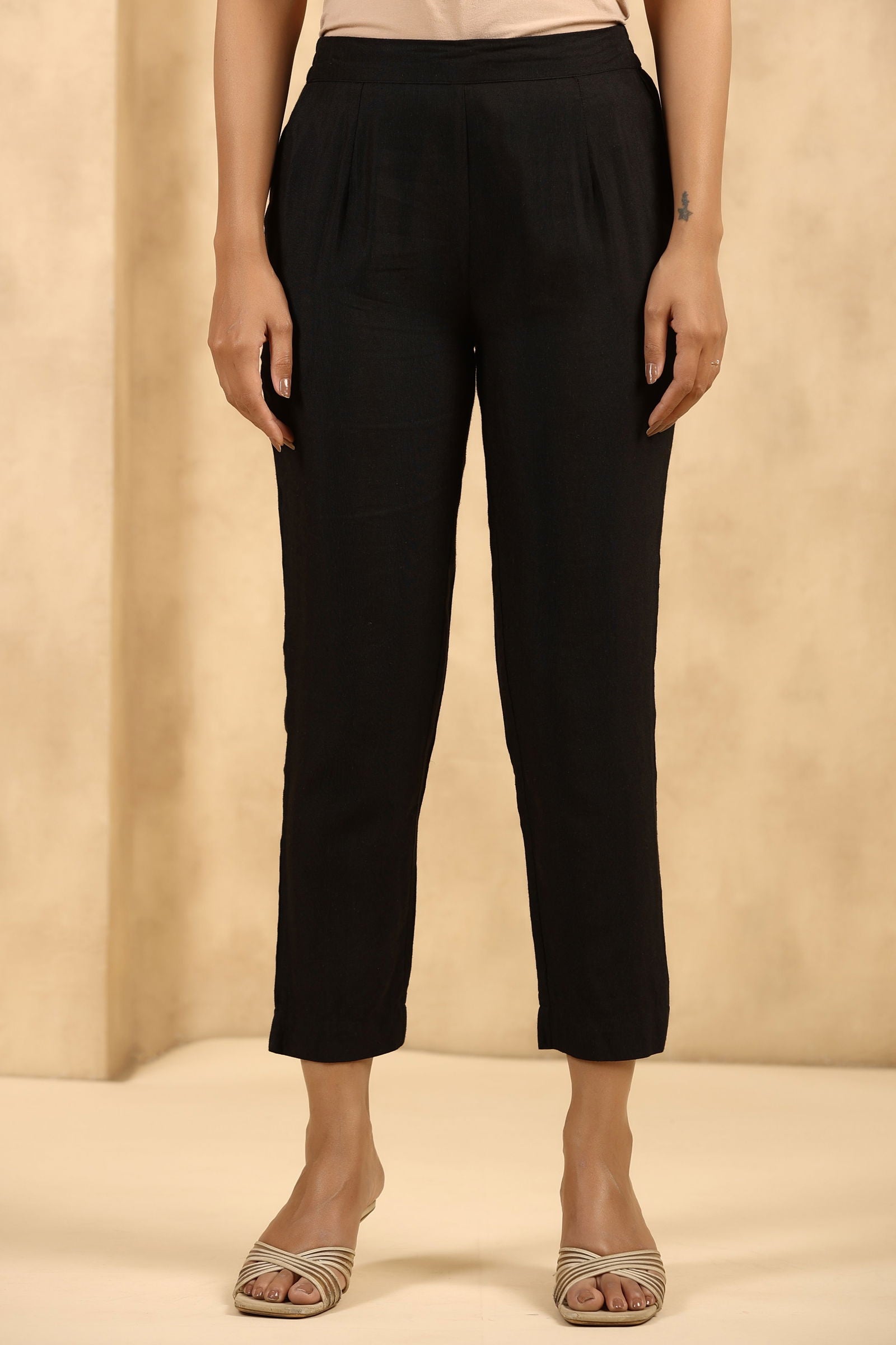 Juniper  Black Rayon Flex Solid Slim Fit Pants With Partially Elasticated Waistband 