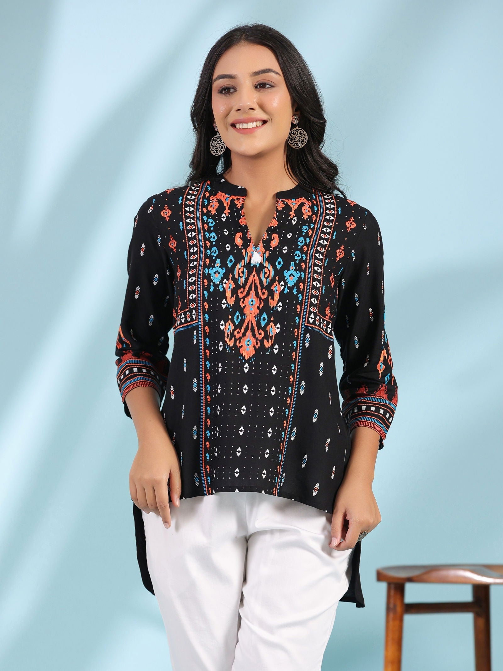 Juniper Black Rayon Ikat Placement Printed High-Low Tunic With Side Slits & Tassels 
