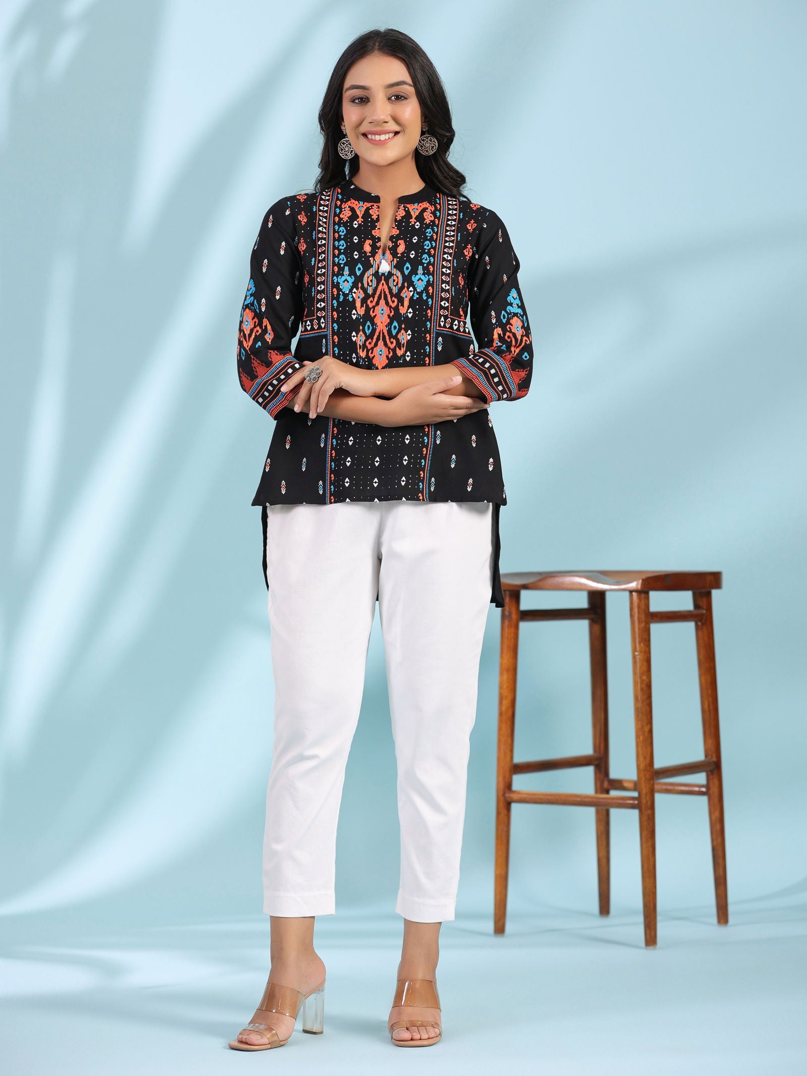 Juniper Black Rayon Ikat Placement Printed High-Low Tunic With Side Slits & Tassels 