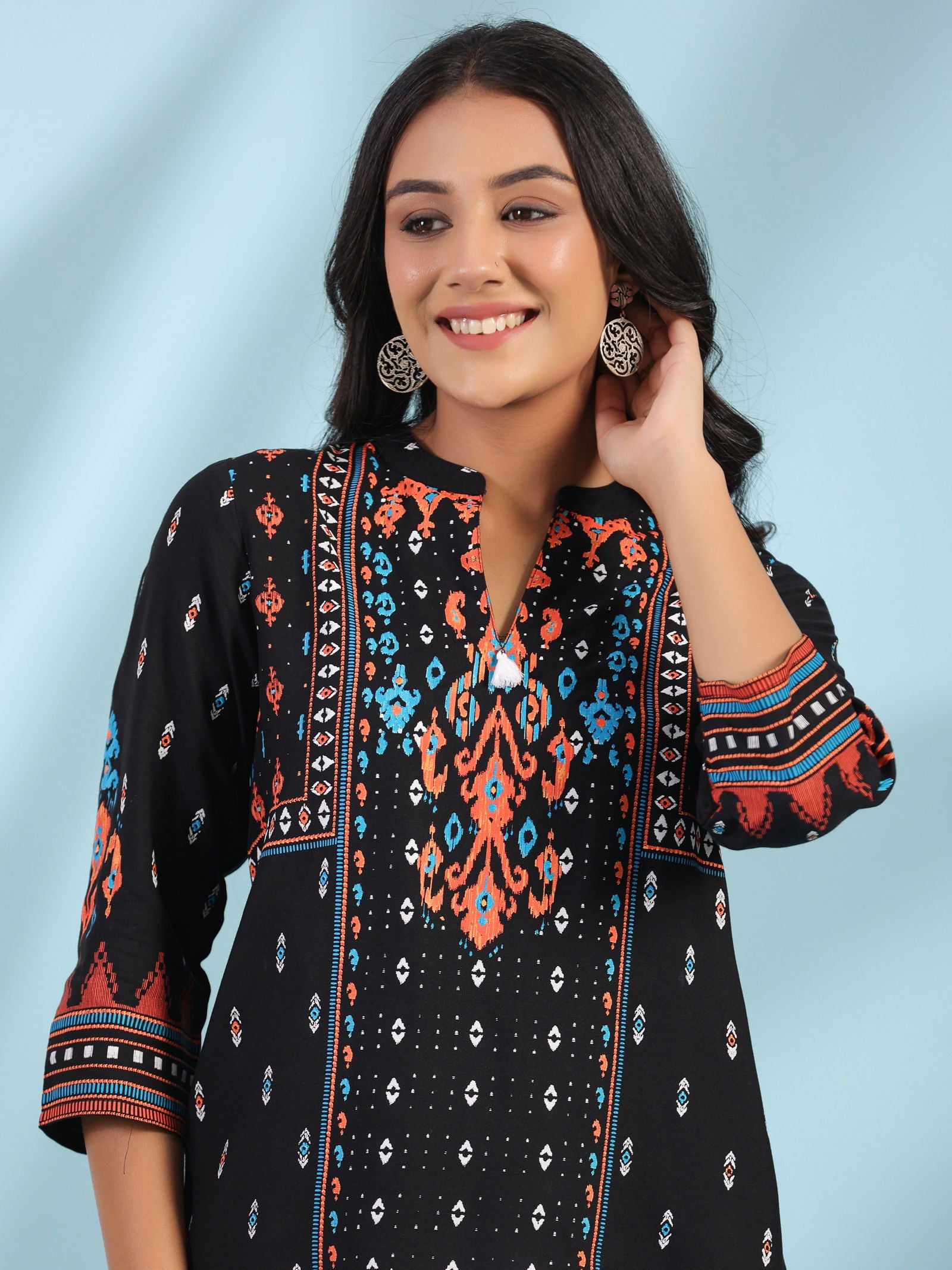 Juniper Black Rayon Ikat Placement Printed High-Low Tunic With Side Slits & Tassels 