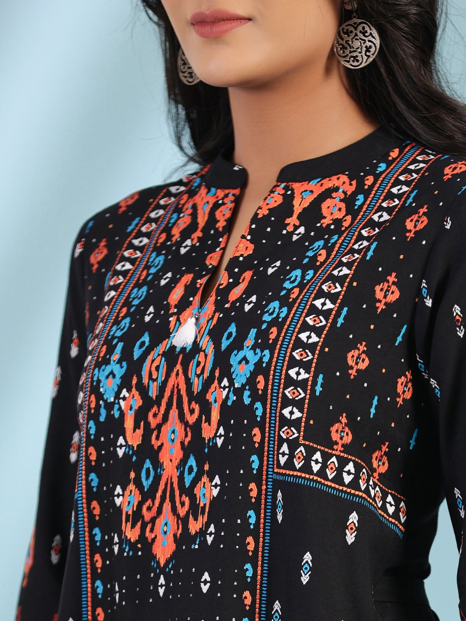 Juniper Black Rayon Ikat Placement Printed High-Low Tunic With Side Slits & Tassels 