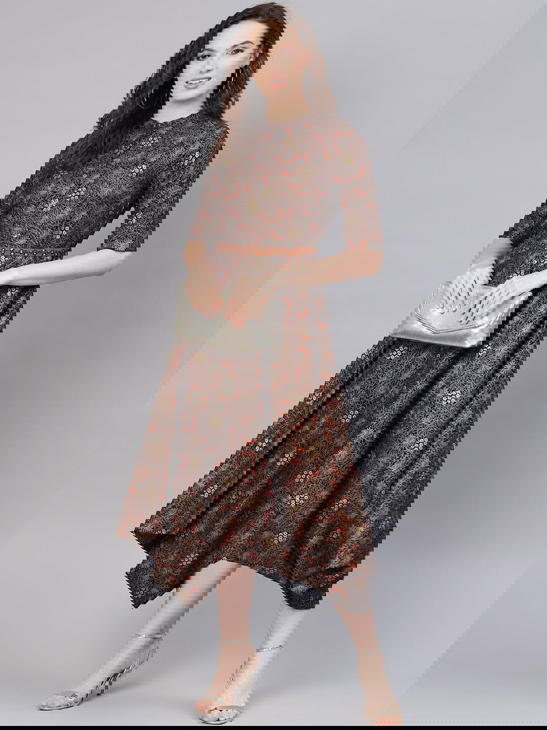 Juniper Black Rayon Printed Asymmetric Dress With Belt 