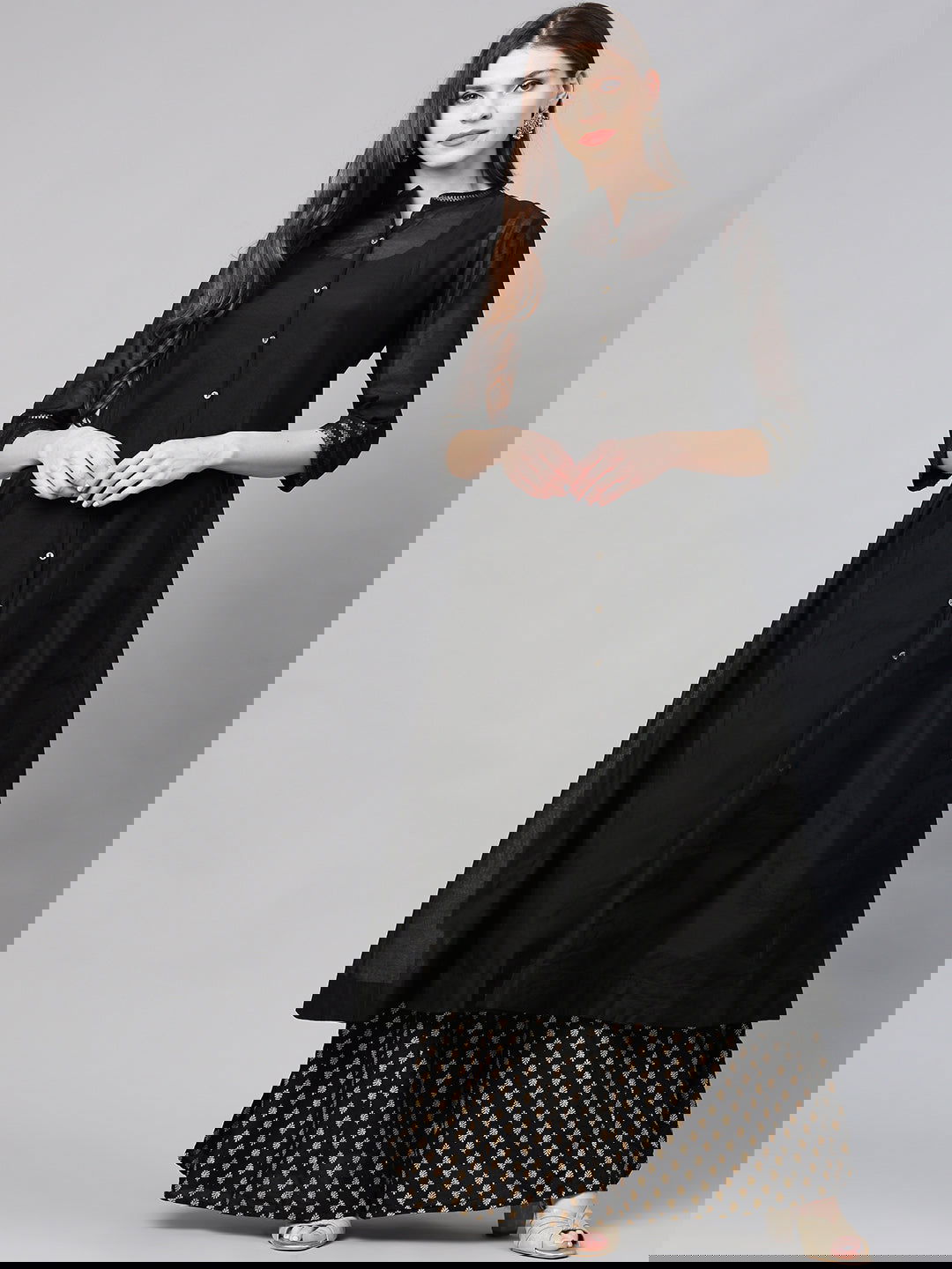 Juniper Black Solid Chanderi Kalidar A-line Women Kurta With Buttons 