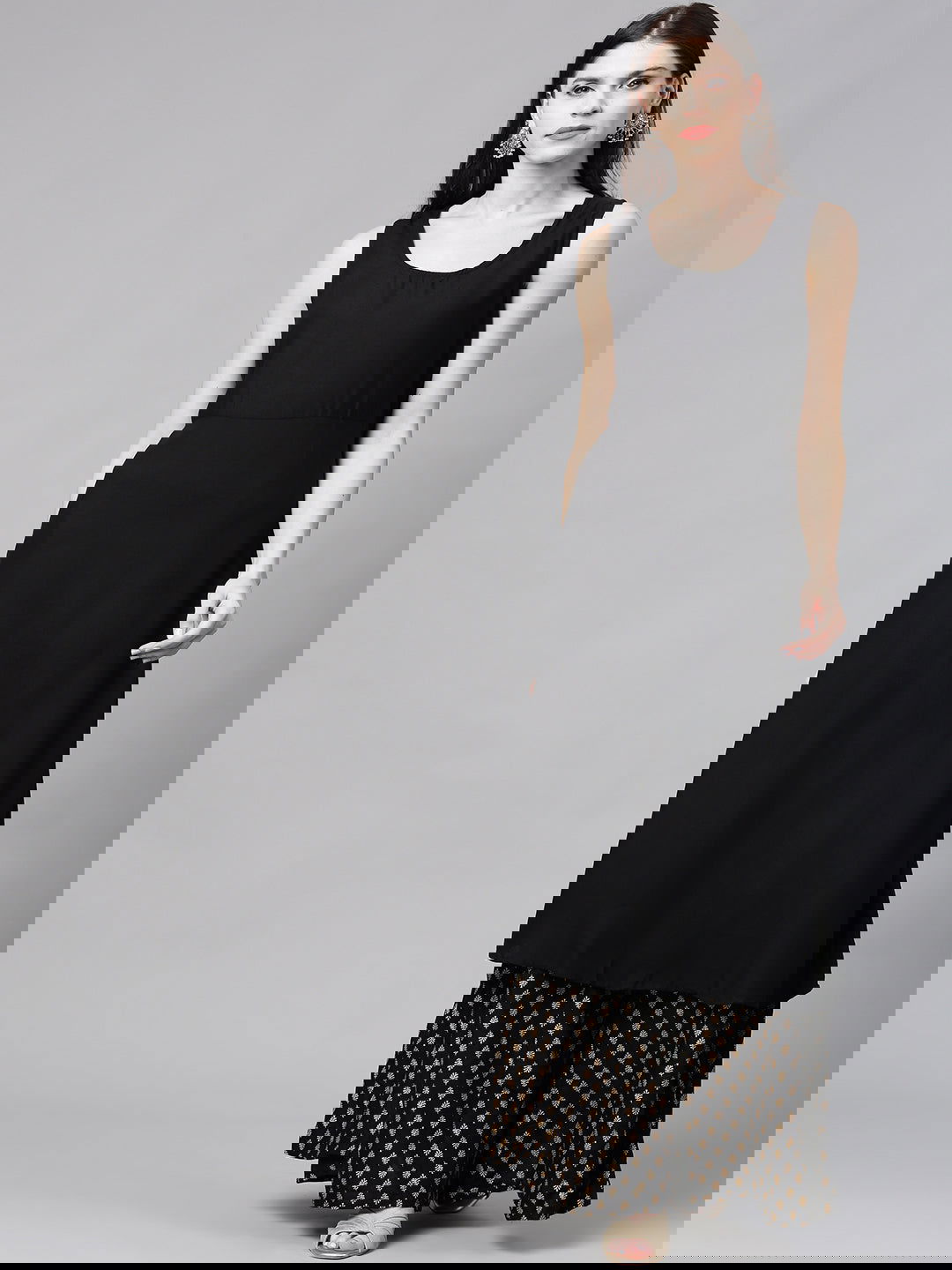 Juniper Black Solid Chanderi Kalidar A-line Women Kurta With Buttons 