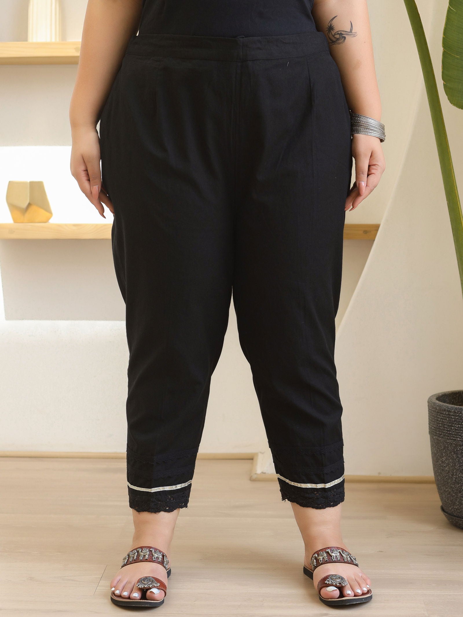 Juniper Black Solid  Cotton Women Slim Fit Laced Plus Size Pants With Single Side Pocket & Drawstring 
