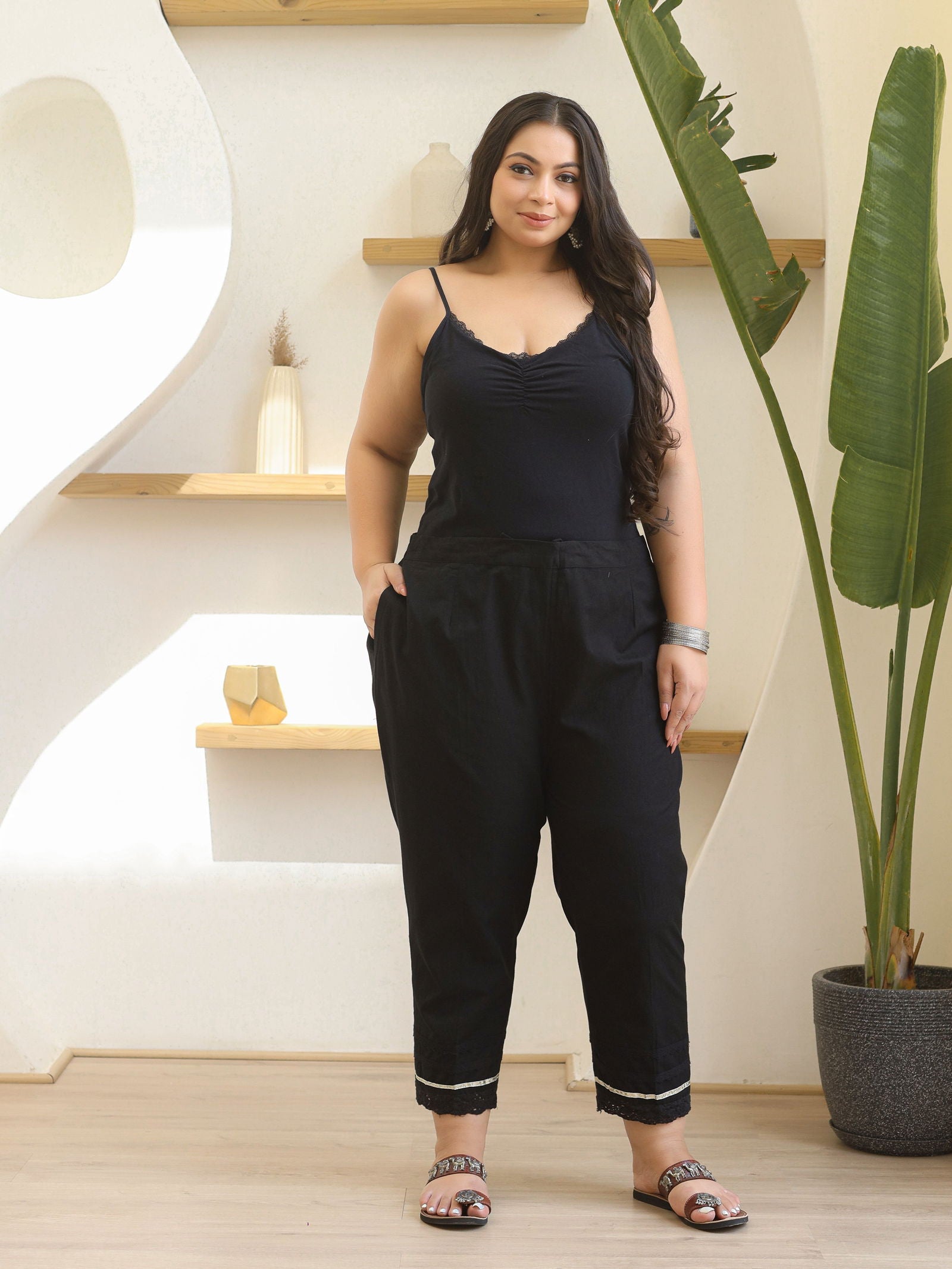 Juniper Black Solid  Cotton Women Slim Fit Laced Plus Size Pants With Single Side Pocket & Drawstring 