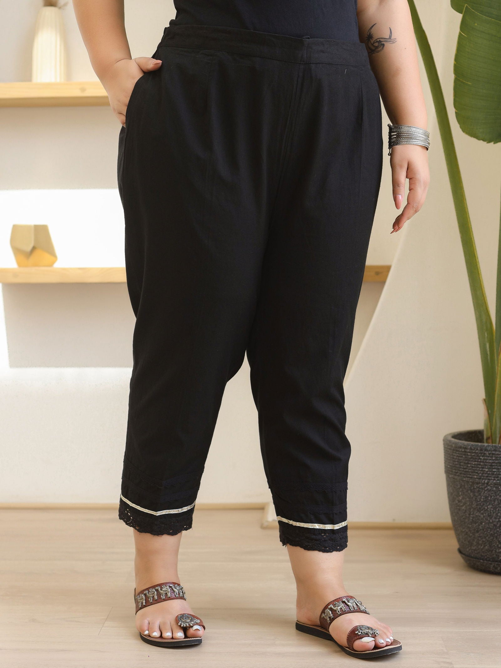 Juniper Black Solid  Cotton Women Slim Fit Laced Plus Size Pants With Single Side Pocket & Drawstring 
