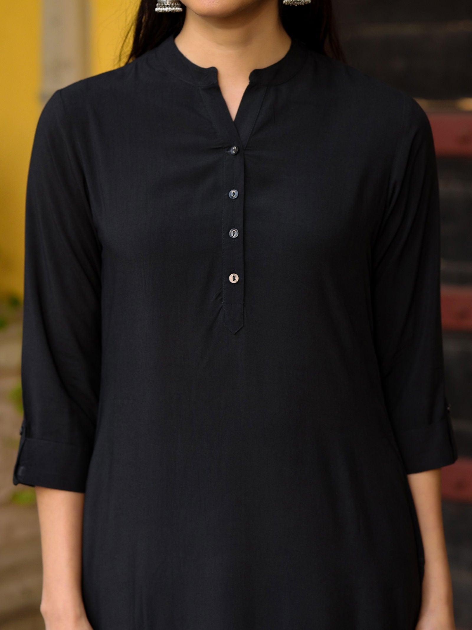 Juniper Black Solid Modal Rayon Straight Kurta With Half Placket At Front 