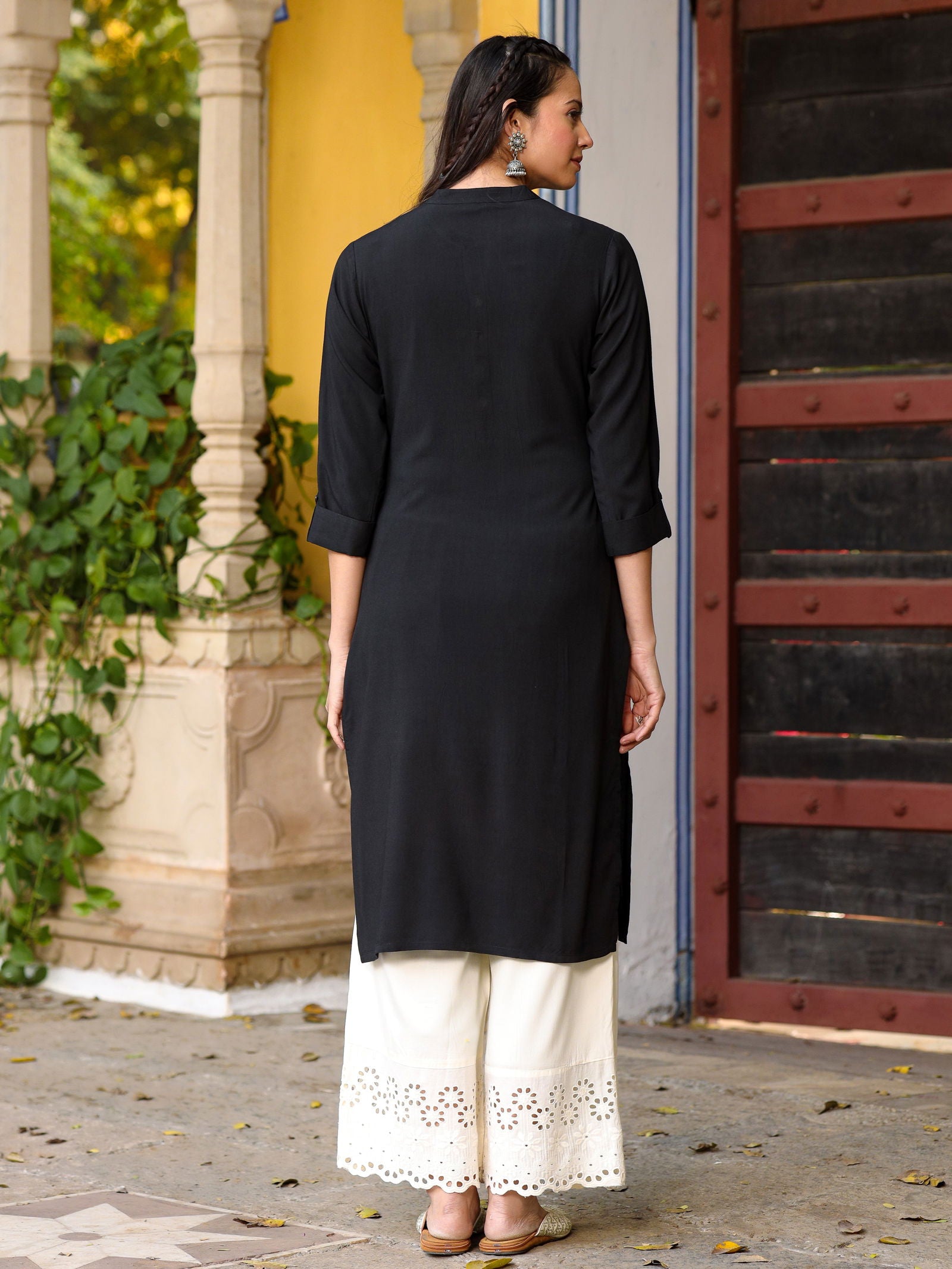 Juniper Black Solid Modal Rayon Straight Kurta With Half Placket At Front 