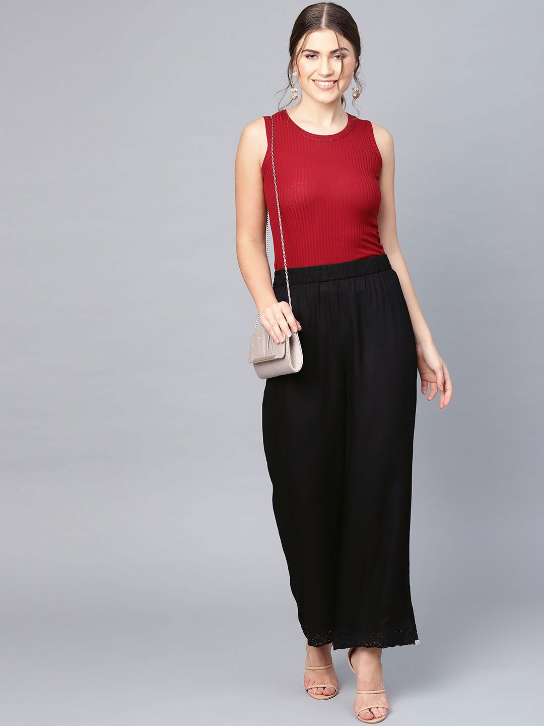 Juniper Black Solid Rayon Wide Leg Women Palazzo With One Pocket 