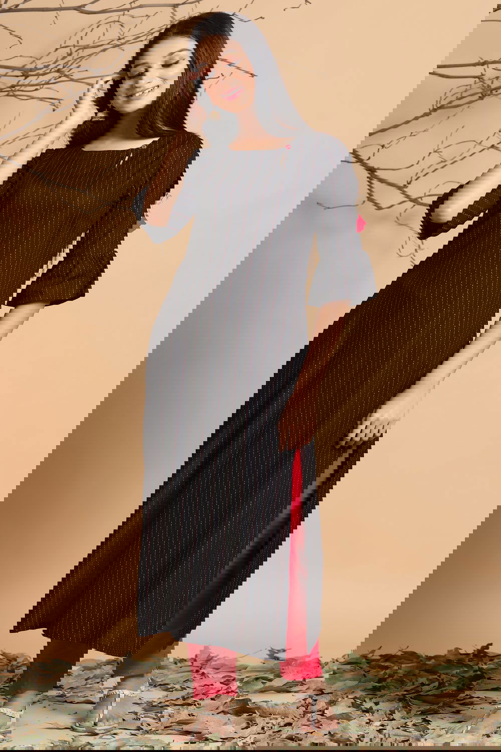 Juniper Black Stripes Printed Rayon Kurta with Tassels Detail 