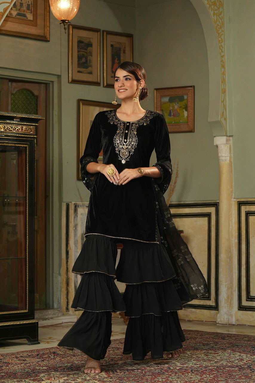 Juniper Black Velvet Festive Solid Straight Kurta Sharara Dupatta Set For Women 