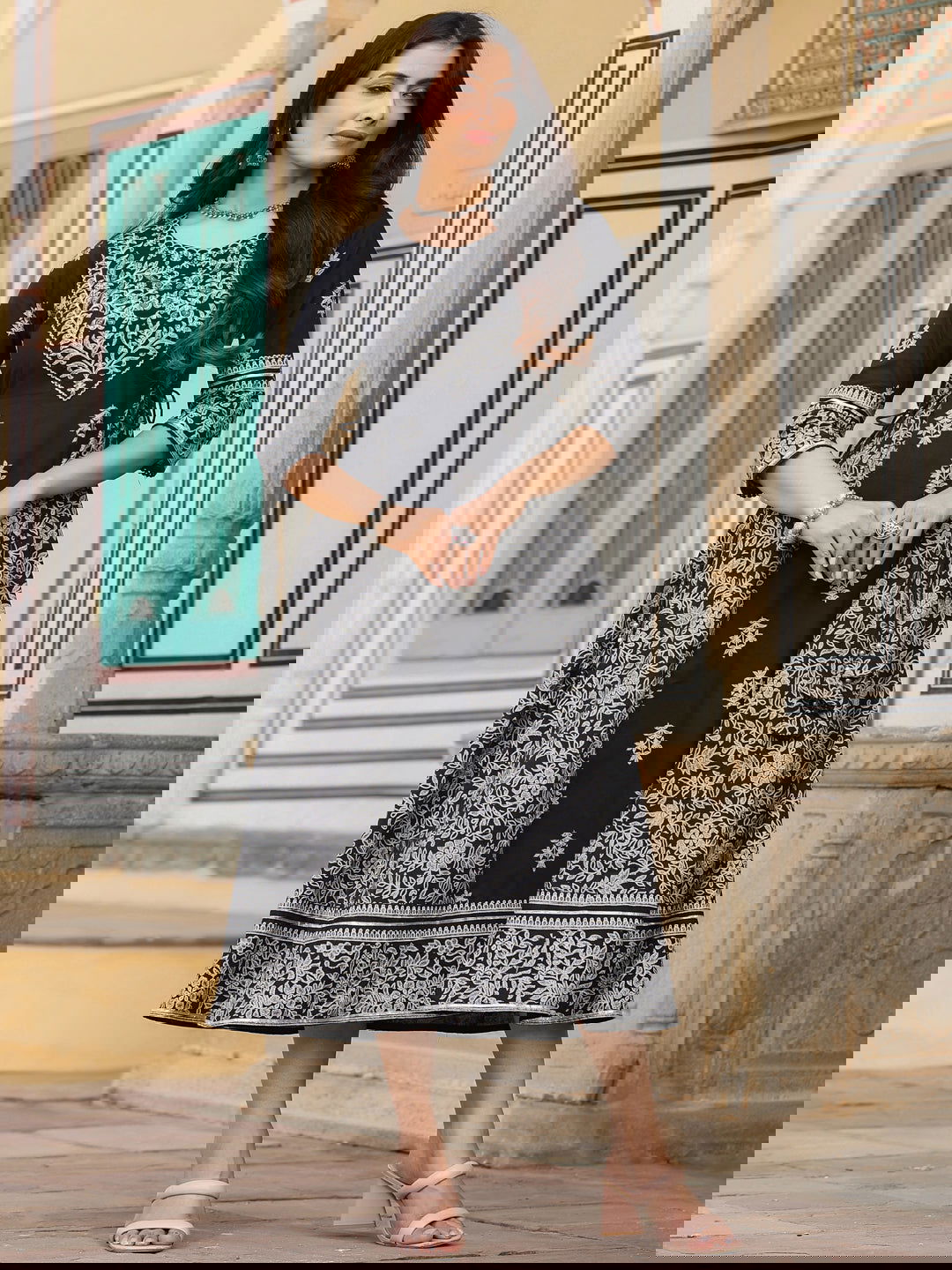 Juniper  Black & White Ethnic Motif Printed Pure Cotton Flared Maxi Dress With Beads & Sequins 