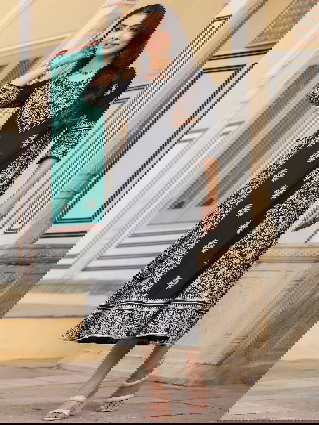 Juniper  Black & White Ethnic Motif Printed Pure Cotton Flared Maxi Dress With Beads & Sequins 